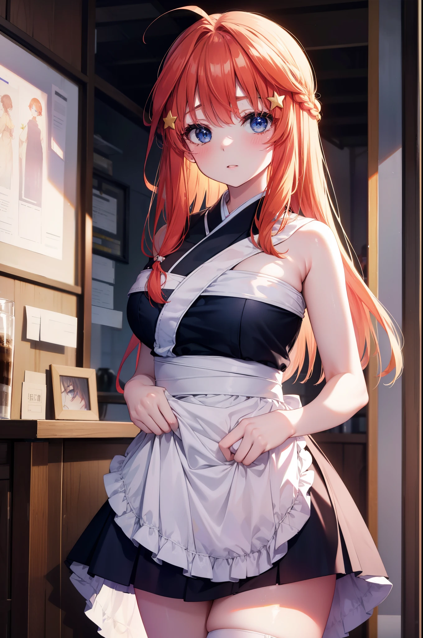 itsukinakano, Itsuki Nakano, bangs, blue eyes, hair between eyes, Ahoge, redhead, star \(symbol\), blush,embarrassing,hair ornaments,long hair,short braided hair, star hair ornaments,she was wearing a maid long skirt,bare shoulders,Bare chest, white stockings on her legs, lift the long skirt with both hands,
break indoors, coffee shop,
break (masterpiece:1.2), highest quality, High resolution, unity 8k wallpaper, (figure:0.8), (detailed and beautiful eyes:1.6), highly detailed face, perfect lighting, Very detailed CG, (perfect hands, perfect anatomy),