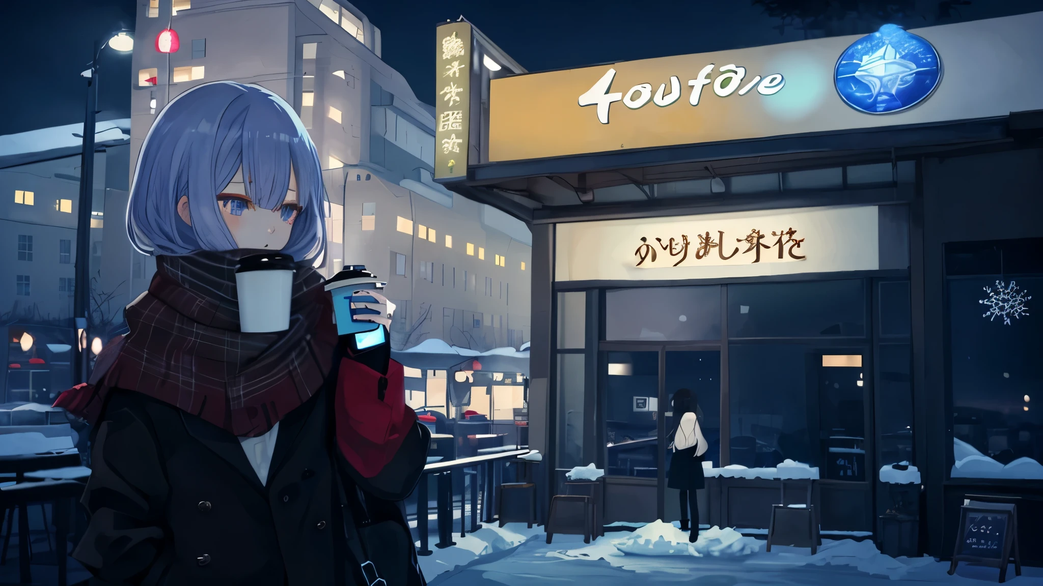 Anime girl wearing winter clothes standing in front of coffee shop, anime style 4 k, mysterious cafe girl, cold snow outside, night nucleus, 4k anime wallpaper,, anime background, anime style. 8k, anime girl desktop background, Anime visual of a cute girl, cold, anime wallpaper 4k, anime wallpaper 4k