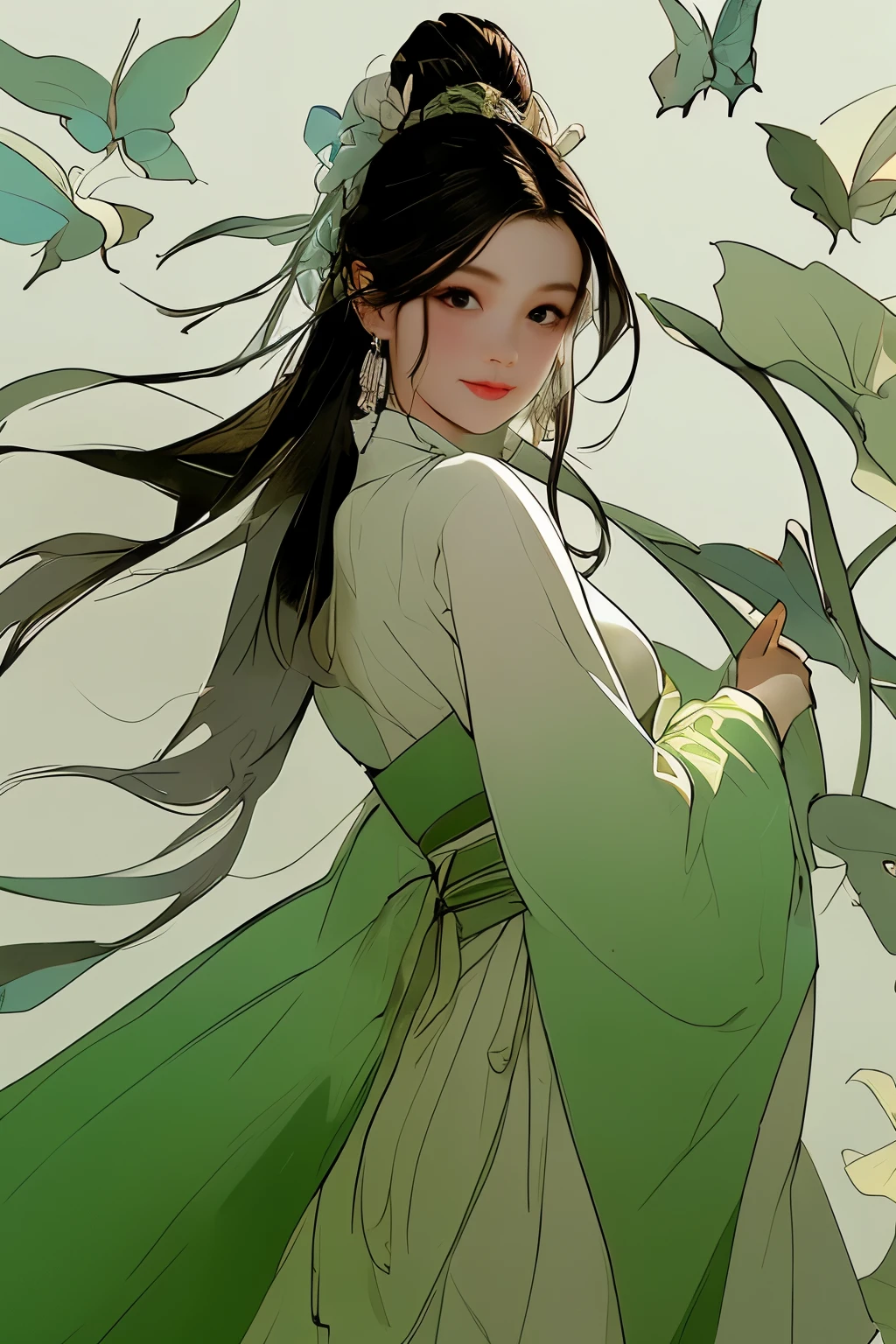 Stunning Chinese beauty, radiant face with a dusting of freckles, emerald green eyes, long black hair styled in intricate braids adorned with jade beads, slender neck accentuated by a beautiful collarbone, adorned in magnificent Hanfu clothing, featuring rich phoenix patterns, traditional Chinese hat on her head, elongated legs encased in sheer tights, demure expression, graceful hands holding a jade fan, exuding an aura of regal elegance, highest quality, most realistic, ultra-HD, full-body portrait, no nudity.