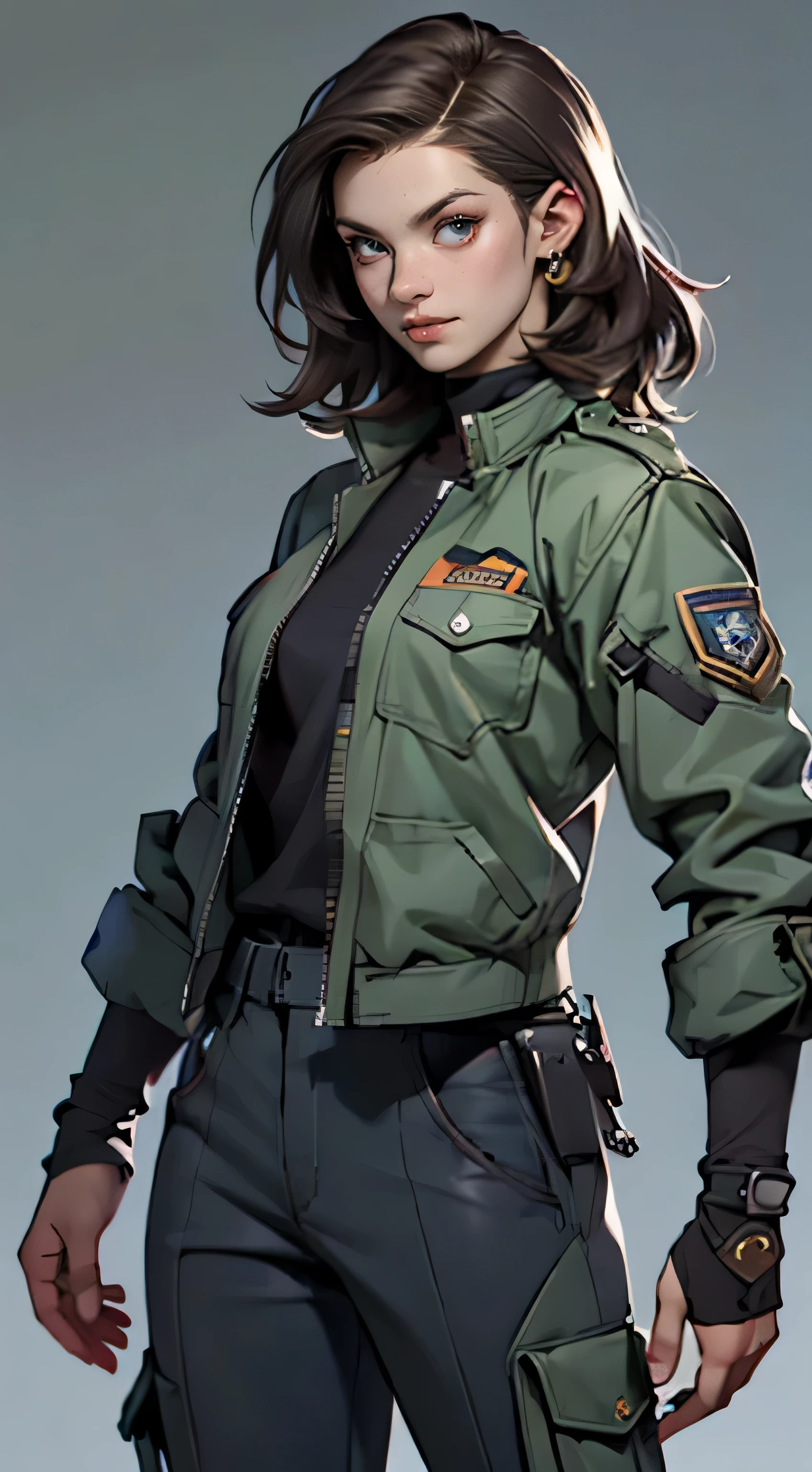 11:23(((best quality: 1.4))),(An unparalleled masterpiece), (super high quality),(Hyper-realistic 8K CG)、（Beautiful brunette with hands on hips） ((( Body))), (((1 girl in))), 25-year-old American soldier with perfect Body,,Beautiful and well groomed face,muscular Body:1.2,Solid Royal blue jacket with details, (Pictures from head to thighs)， Complex equipment, Royal blue，Pants，The clothes inside are dark，Clothes with armored metal electronic parts,  )