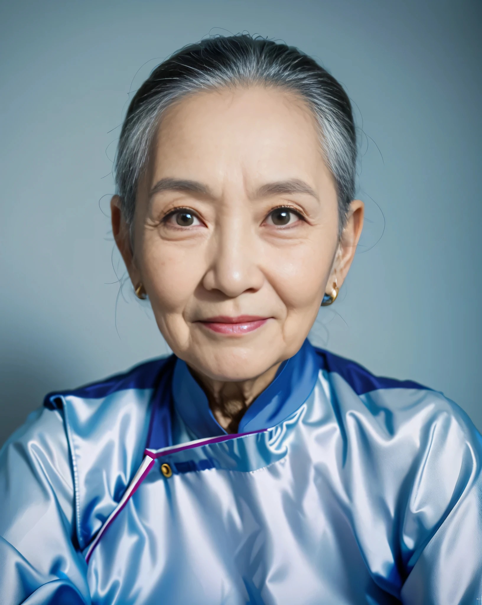 Highly realistic photo, ((masterpiece), (best quality), (raw photo), (photorealistic:1.4), Portrait of Vietnamese old woman, (85 years old), ((black gray hair)), ((wearing a black shirt)), ((light blue background)) , photo taken by Sony A7IV