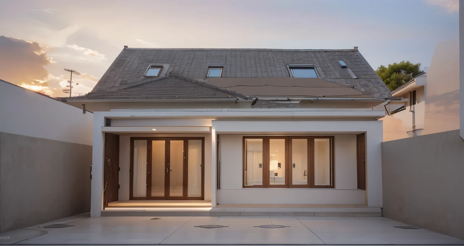 Modern architecture, gray tiled roof, white walls, daytime, more trees, garden
