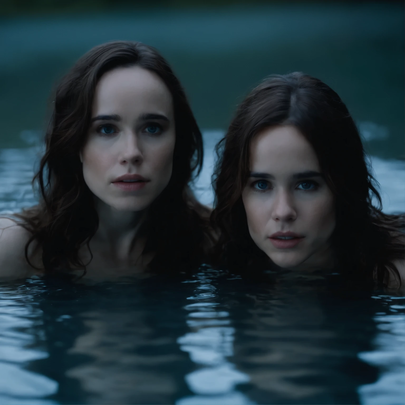 Ellen Page clones, rising from small water puddles, ethereal, surrealistic, exaggerated proportions, soft blue light, mysterious, conjoined, separating, liquid bodies, reforming, sexy, lustful facial expression, naked, transparent body, 2 identical clones, slightly see through form, bioluminescent body, forming from the bedroom floor, gooey appearance, crystal clear water, water-like doppelgängers, bedroom, holding hands