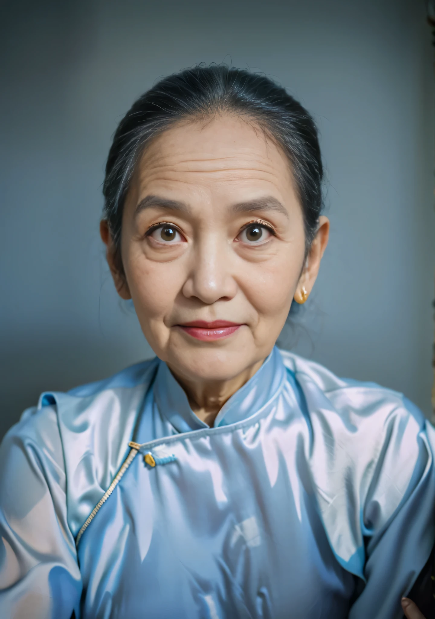 Highly realistic photo, ((masterpiece), (best quality), (raw photo), (photorealistic:1.4), Portrait of Vietnamese old woman, (85 years old), ((black gray hair)), ((wearing a black aodai)), ((light blue background)) , photo taken by Sony A7IV
