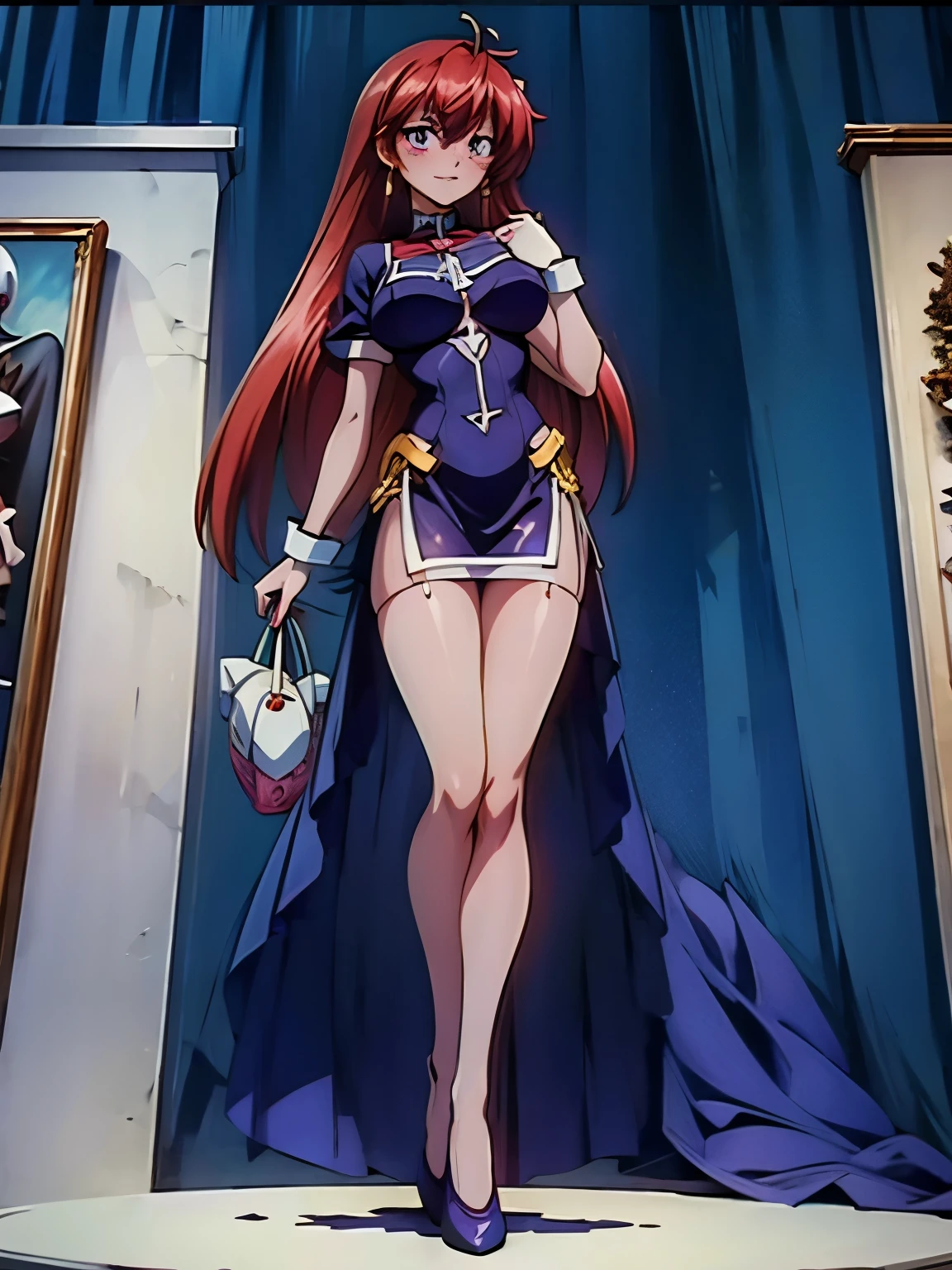 Cartoon of a woman in a purple dress standing in front of a painting, Makise Kurisu, Elsa Scarlet as a real person, Succubus in tight skirt, Drawing in animation artist studio, Makeup Gremory, Produced by Anime Painter Studio, Asuka suit under clothes!, gainax anime style, Full body close-up, she has red hair