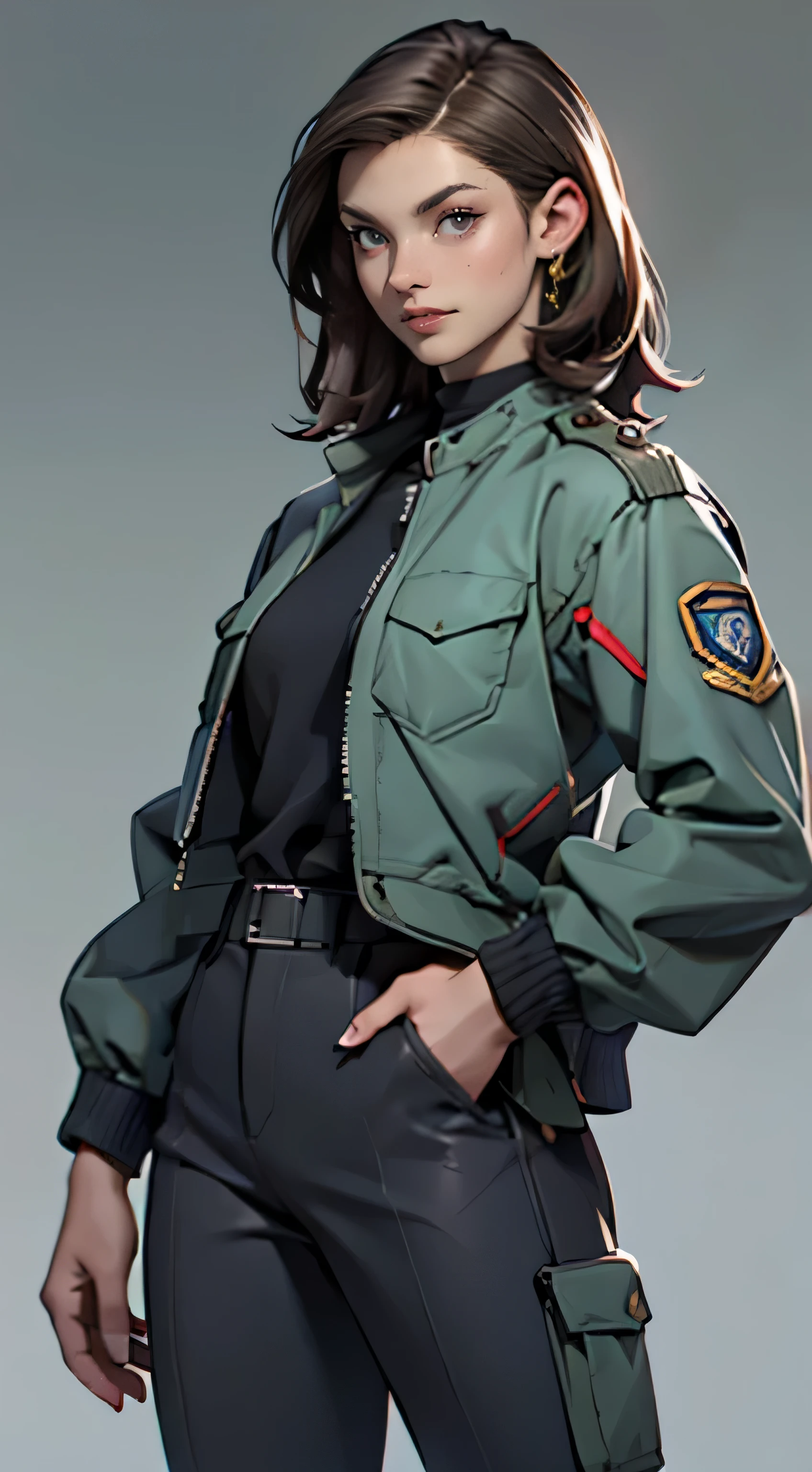11:23(((best quality: 1.4))),(An unparalleled masterpiece), (super high quality),(Hyper-realistic 8K CG)、(Beautiful brunette with hands on hips) ((( Body))), (((1 girl in))), 25-year-old American soldier with perfect Body,,Beautiful and well groomed face,muscular Body:1.2,Solid Royal blue jacket with details, (Pictures from head to thighs), Complex equipment, Royal blue,Pants,The clothes inside are dark,Clothes with armored metal electronic parts, )