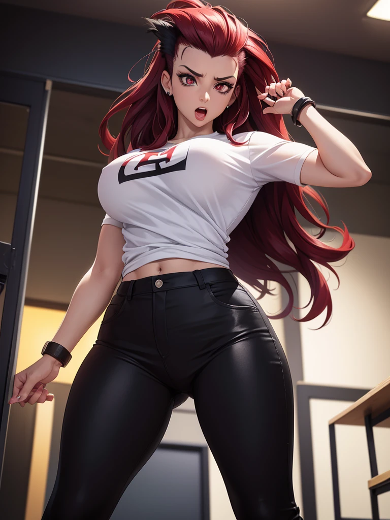 best quality,masterpiece,detailed,16k,8k,sole_female, (fullbody shot), (((Suzanfire, huge , 1girl, fired hair, tight white shirt, black pants, black wists bracelets, solo, surprised eyes, opened mouth, red eyes, mohawk long hair))), ((((at fight club)))), (((from_front))), ((defeated)), ((Beautiful Suzanfire), 30_years_old, sexual_expression)), ((masterpiece, photorealistic, best quality, perfect face, perfect hands, perfect mouth, perfect eyes, perfect body)),