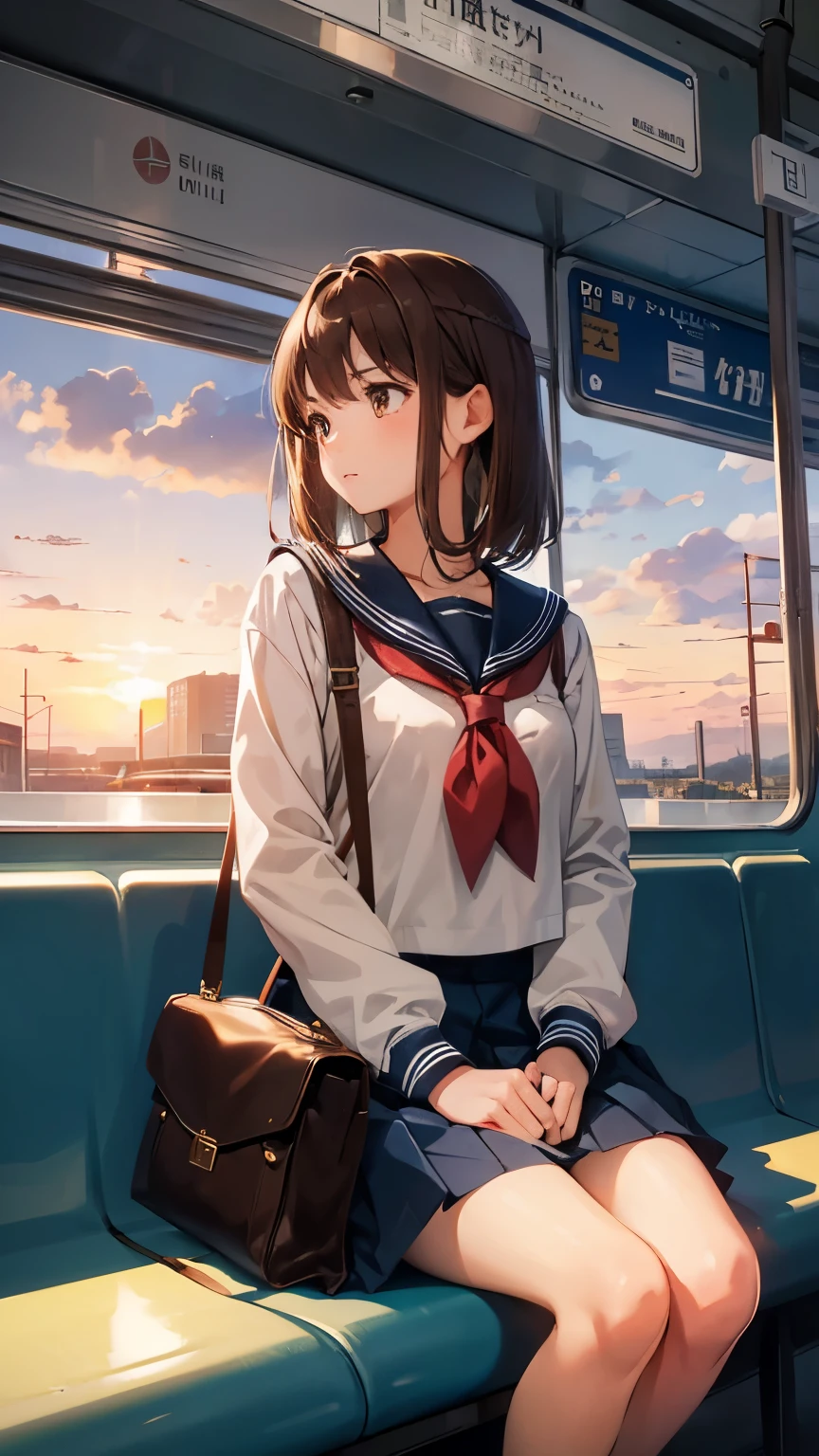 1girl, high school girl, Medium hair, brown hair, sailor school uniform, brown eyes, sitting in the train station, sunset,