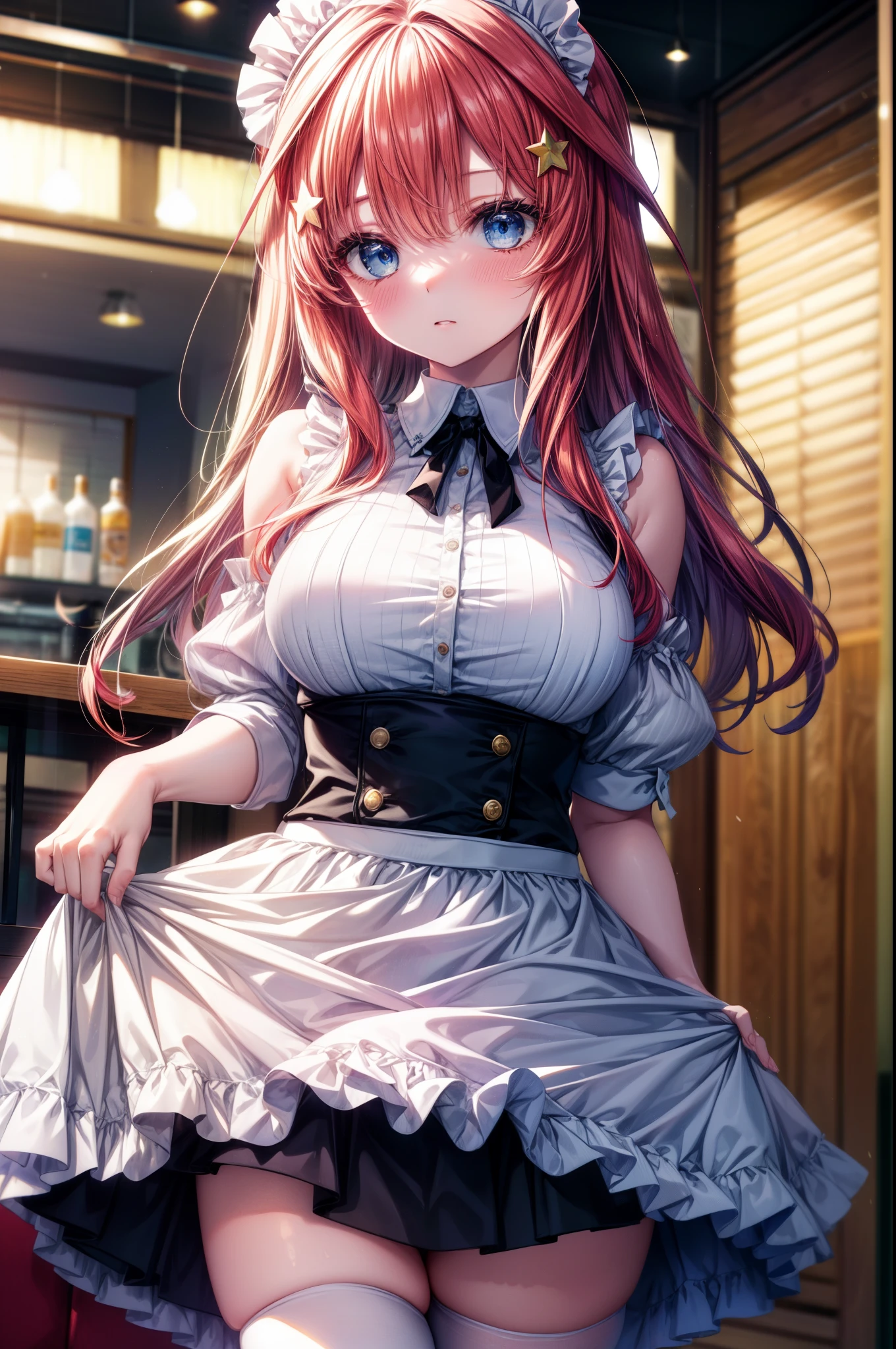 itsukinakano, Itsuki Nakano, bangs, blue eyes, hair between eyes, Ahoge, redhead, star \(symbol\), blush,embarrassing,hair ornaments,long hair,short braided hair, star hair ornaments,she was wearing a maid long skirt,bare shoulders,Bare chest, white stockings on her legs, lift the long skirt with both hands,
break indoors, coffee shop,
break (masterpiece:1.2), highest quality, High resolution, unity 8k wallpaper, (figure:0.8), (detailed and beautiful eyes:1.6), highly detailed face, perfect lighting, Very detailed CG, (perfect hands, perfect anatomy),