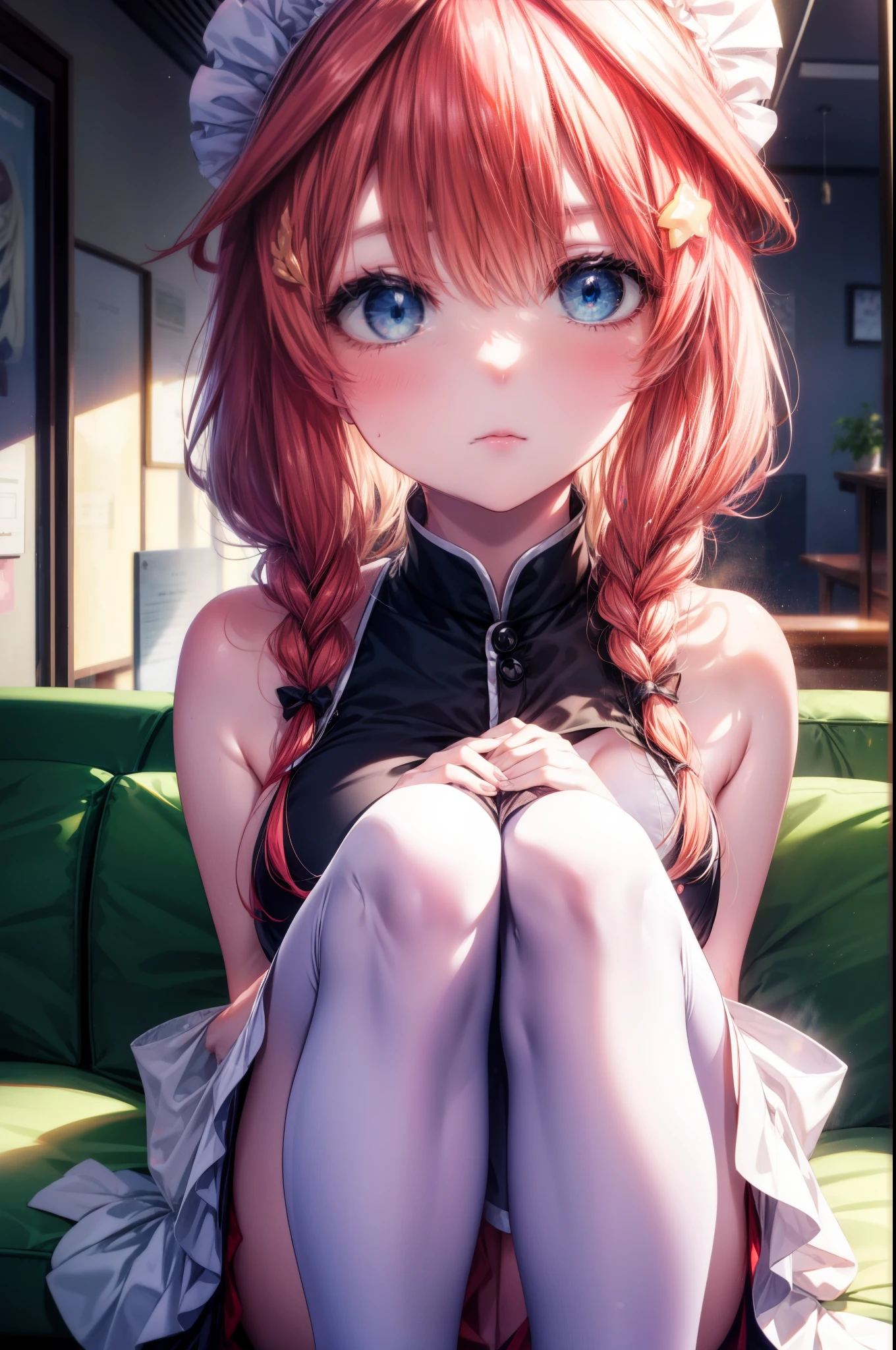 itsukinakano, Itsuki Nakano, bangs, blue eyes, hair between eyes, Ahoge, redhead, star \(symbol\), blush,embarrassing,hair ornaments,long hair,short braided hair, star hair ornaments,she was wearing a maid long skirt,bare shoulders,Bare chest, white stockings on her legs, lift the long skirt with both hands,
break indoors, coffee shop,
break (masterpiece:1.2), highest quality, High resolution, unity 8k wallpaper, (figure:0.8), (detailed and beautiful eyes:1.6), highly detailed face, perfect lighting, Very detailed CG, (perfect hands, perfect anatomy),