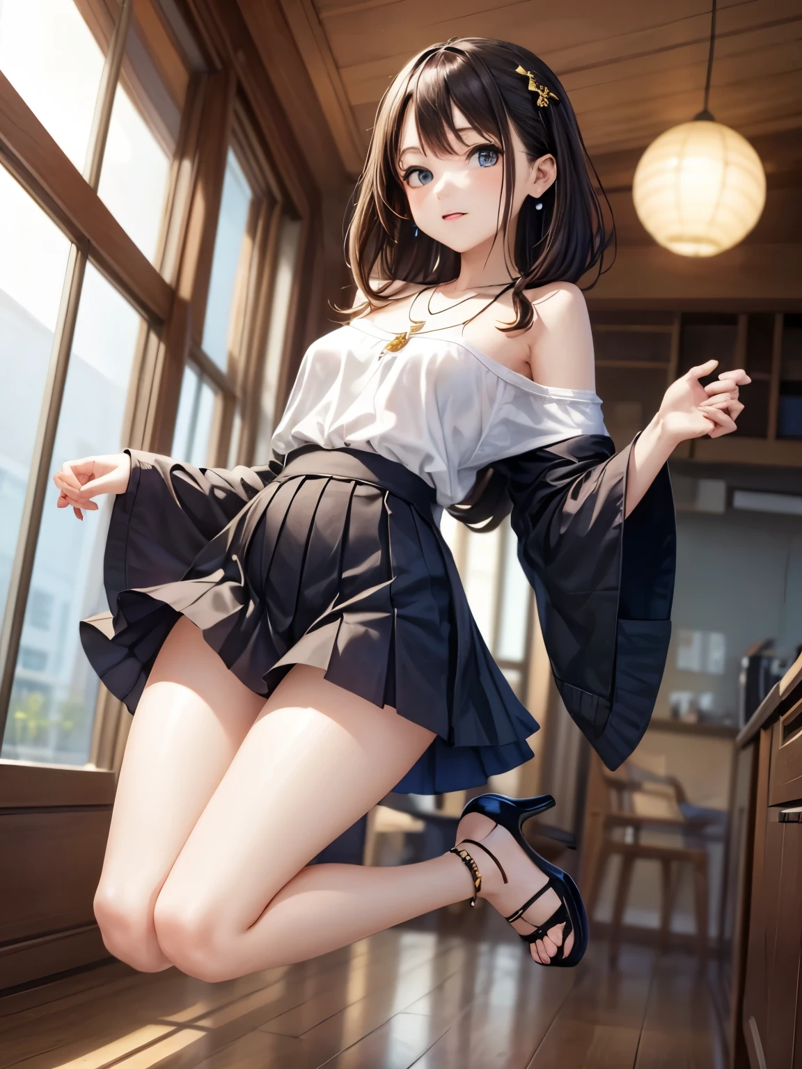 4K、((focus on the face)), (full body shot, Full body photo including face), ((Cute symmetrical face))、Beautiful woman、25 years old、slender body、(small butt、thin thighs)、off shoulder、Box Pleated Skirt、(high heels、anklet)、I could see the whole body、head to toe photo、small earrings、necklace、Face the viewer in front、The subject is far away、shallow depth of field、wide angle focal length、upward glance、Moment of jump、floating in the air、Vibrant photos、Shoot with focus on the face、Biologically correct number of limbs、correct hand drawing、high angle、realistic pictures、non-fantasy、many balloons flying