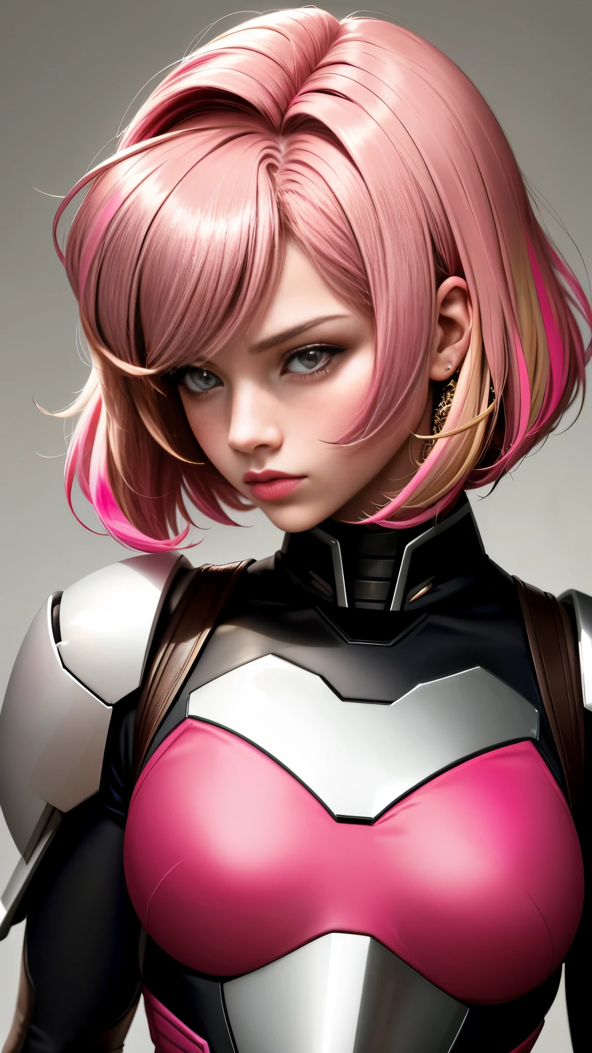 Realistic Red Sotheby Girl Photo,Shortcut Bob Cut,I have a lot of hair,brown eyes,Her hair color is a gradation between bright pink and blonde.,cool look,background is gray, daughter of Haman Khan and Char Aznable.