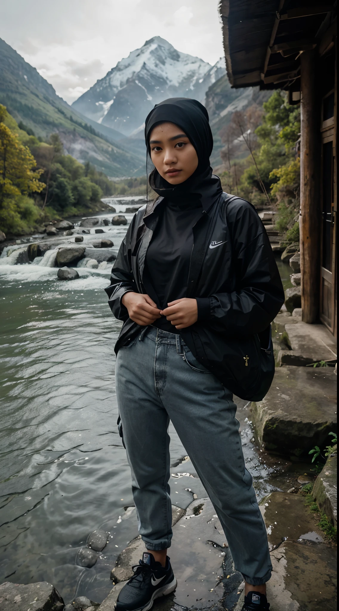Create a photograph of an asian villager natural woman similar to arabian, wearing black hijab, her eyes show happines and calm, oval face, she is wearing a sporty hat nike, raincoat mountain jacket, inside the jacket wearing grey t-shirt with logo "Borneo", wears cargo jeans, field shoes, standing on the big rock of a river, baground waterfall and beautiful mountain, forest, cinematic, masterpiece photograph.