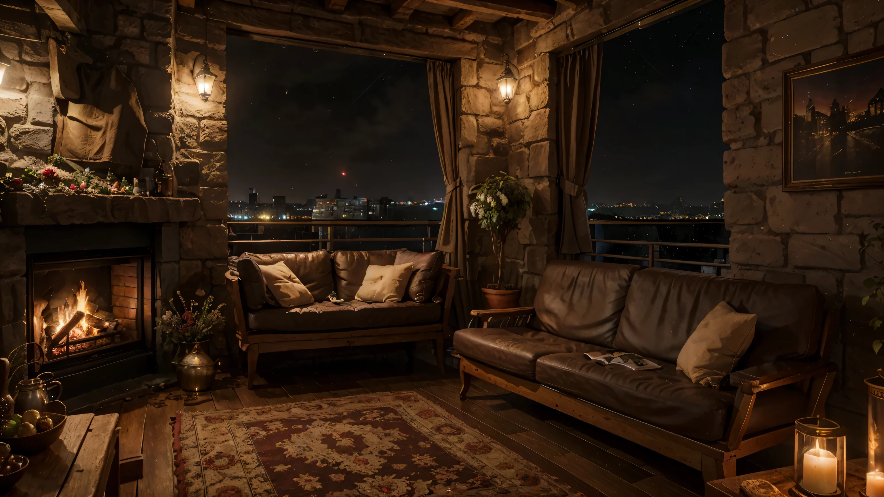 (balcony cave house) raining, night city, fireplace, cozy place, books place, warm beautiful scene, cozy atmospheric, cozy environment, cozy setting, cozy enchanted scene, very realistic, cozy atmosphere, cozy and peaceful atmosphere, cozy and calm, beautiful detailed scene, spring time, very very realistic, ✨🕌🌙, cozy wallpaper, unreal engine ; romantic theme