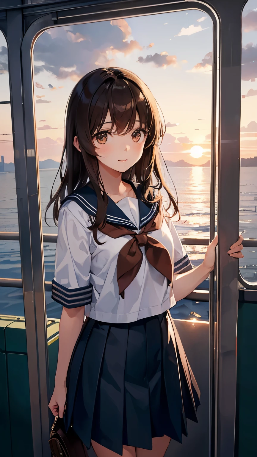 1girl, high school girl, Medium hair, brown hair, sailor school uniform, brown eyes, standing in the train , sunset, from below,