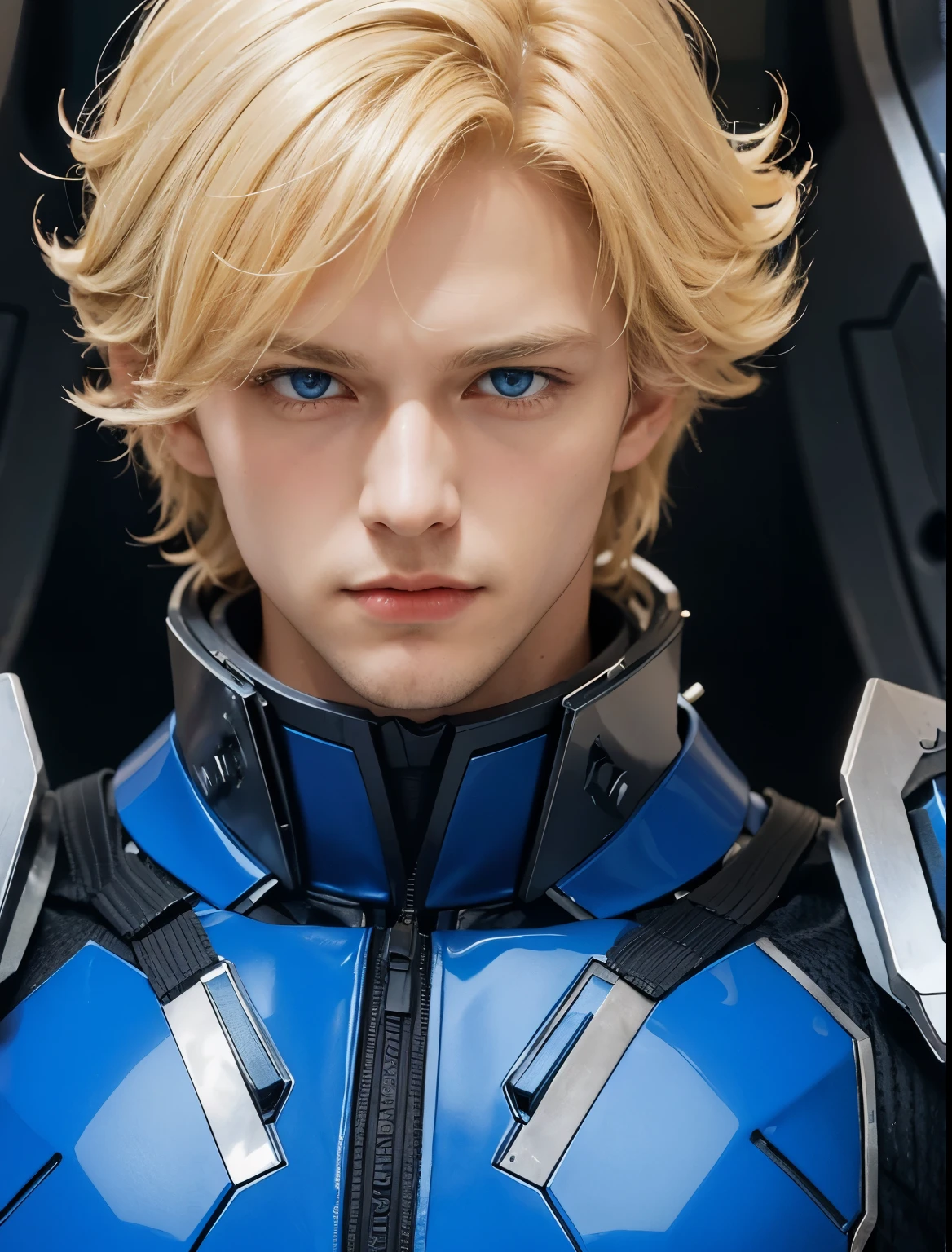 Upper body close-up image. A man with blond hair and blue eyes. Twenties. The man is looking at the camera with a defiant expression. The men wear blue-black metallic combat uniforms. There is something on his waist that is reminiscent of Kamen Rider's transformation belt. A man is in the cockpit of a spaceship.
