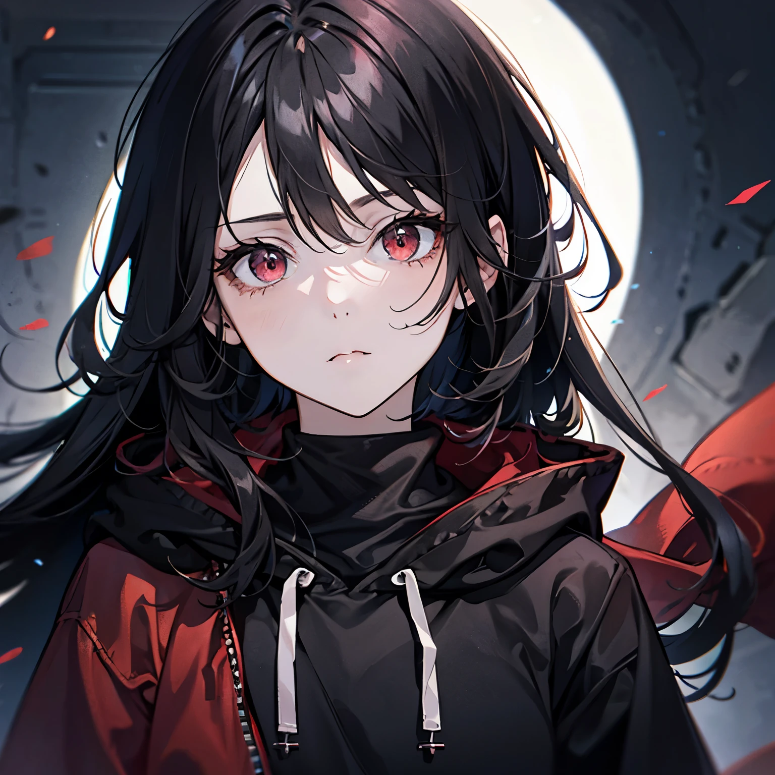  a girl with long black hair and red eyes. messy hair. staring blankly. wearing a black hoodie. (Close-up:1.1) 