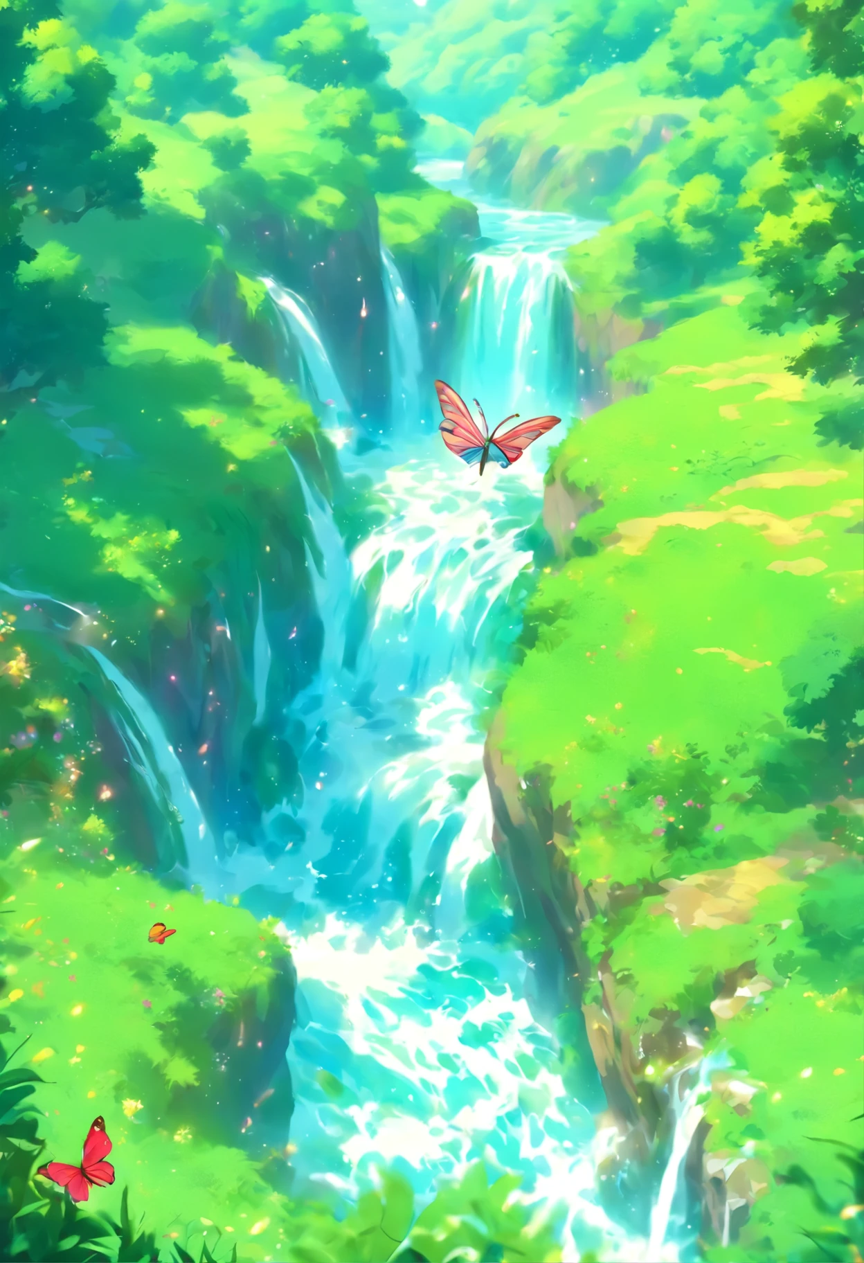 Fall,fast flowing water,Water mist,Sunlight penetrates water mist to form a rainbow,It is surrounded by dense forests,Fall下方有清澈的湖泊,Moss and ferns grow on the rocks