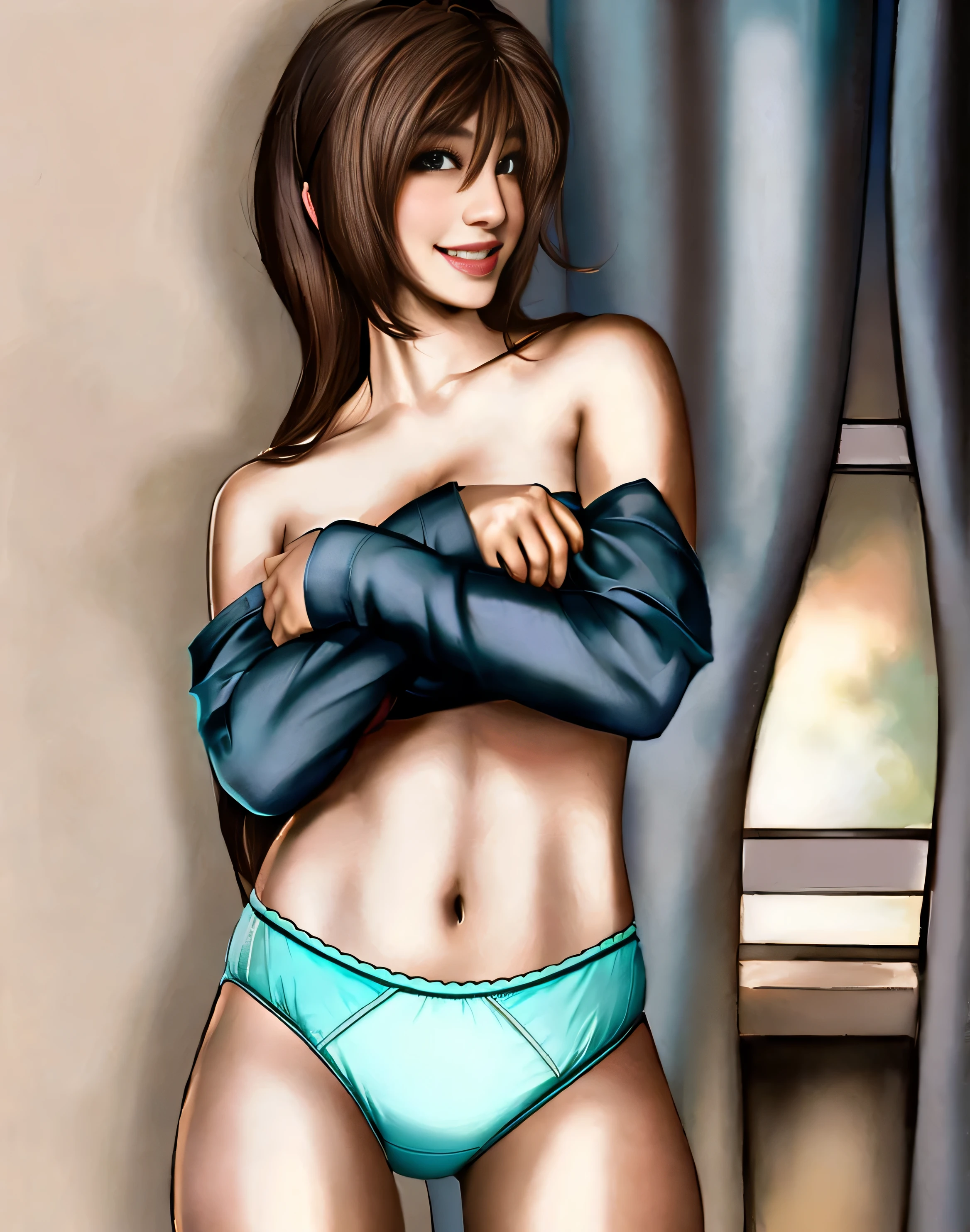 ((masterpiece, best quality)), ((20 year old)), (((Curvy))), (((Latina with long brown hair)), holding up blue shirt to cover breasts, ((teal cotton panties)), (((Large Hips))), (blushing), smiling, green eyes, Standing near bedroom window, (((realistic art style)))