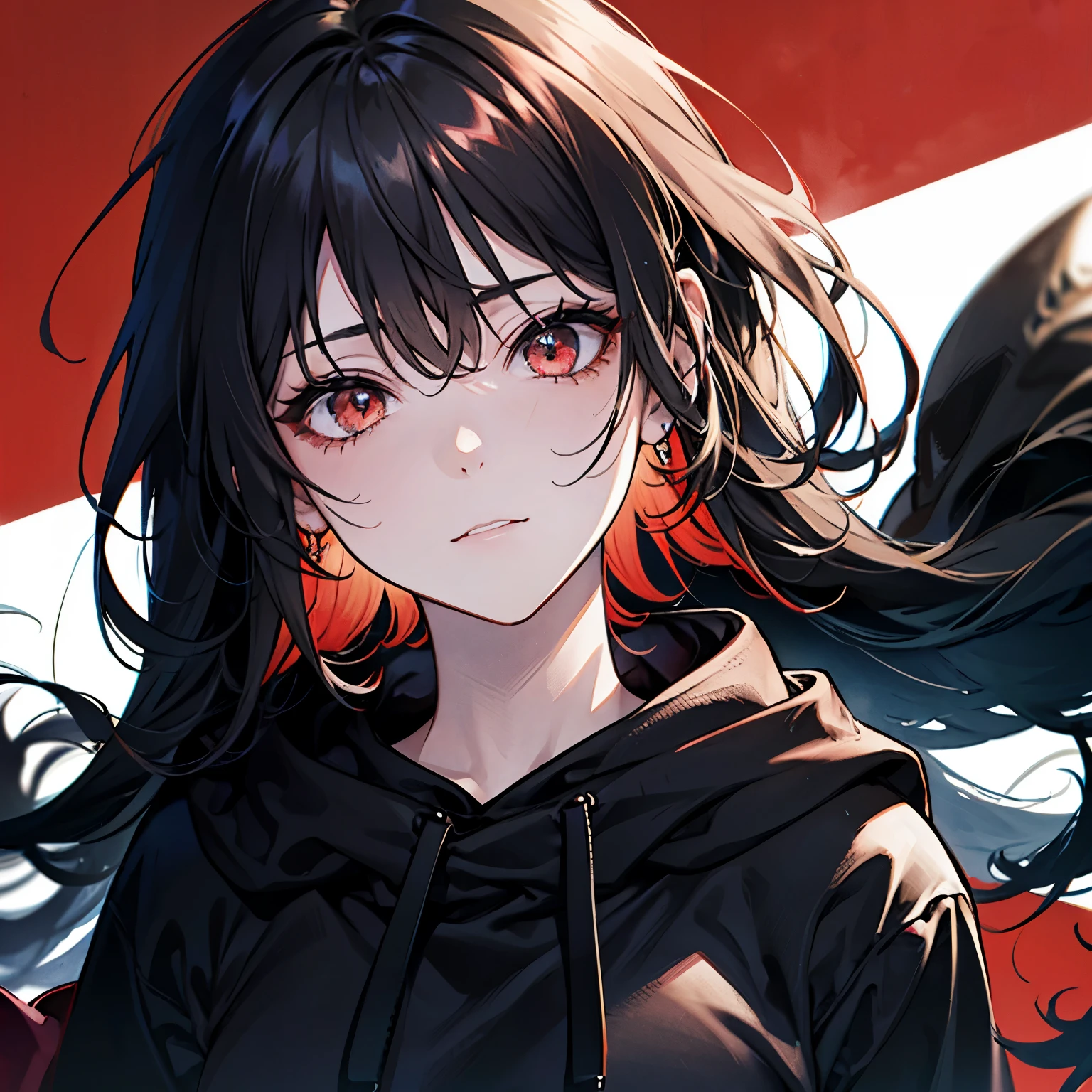  a girl with long black hair and red eyes. messy hair. staring blankly. wearing a black hoodie. (Close-up:1.1) 