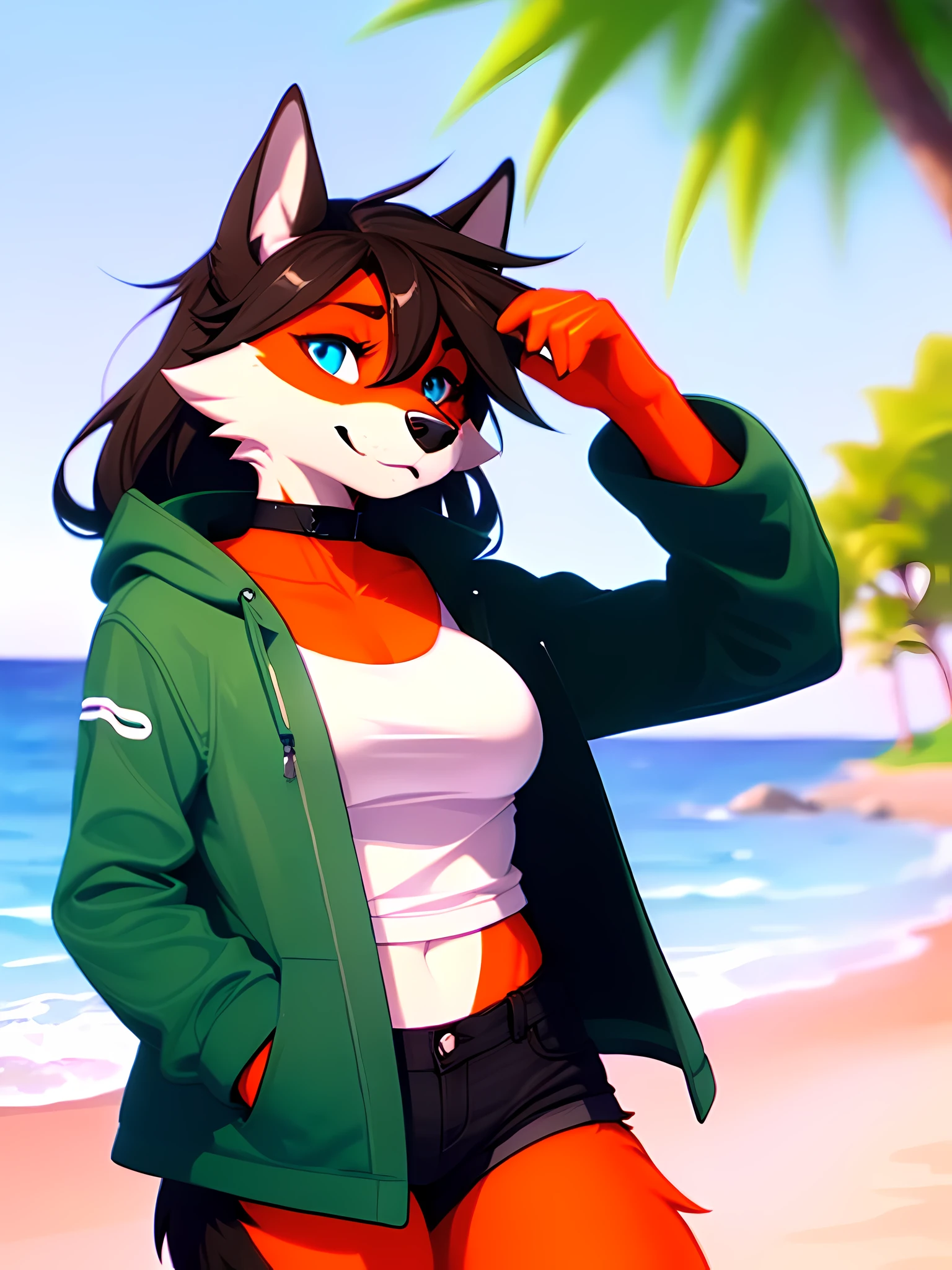 (best quality:1.2), (furry:1.2), (fluffy:1.1), (anthro:1.2), long hair, (gynomorph:1.4), solo focus, upper body, black coat, black crop-top, beach