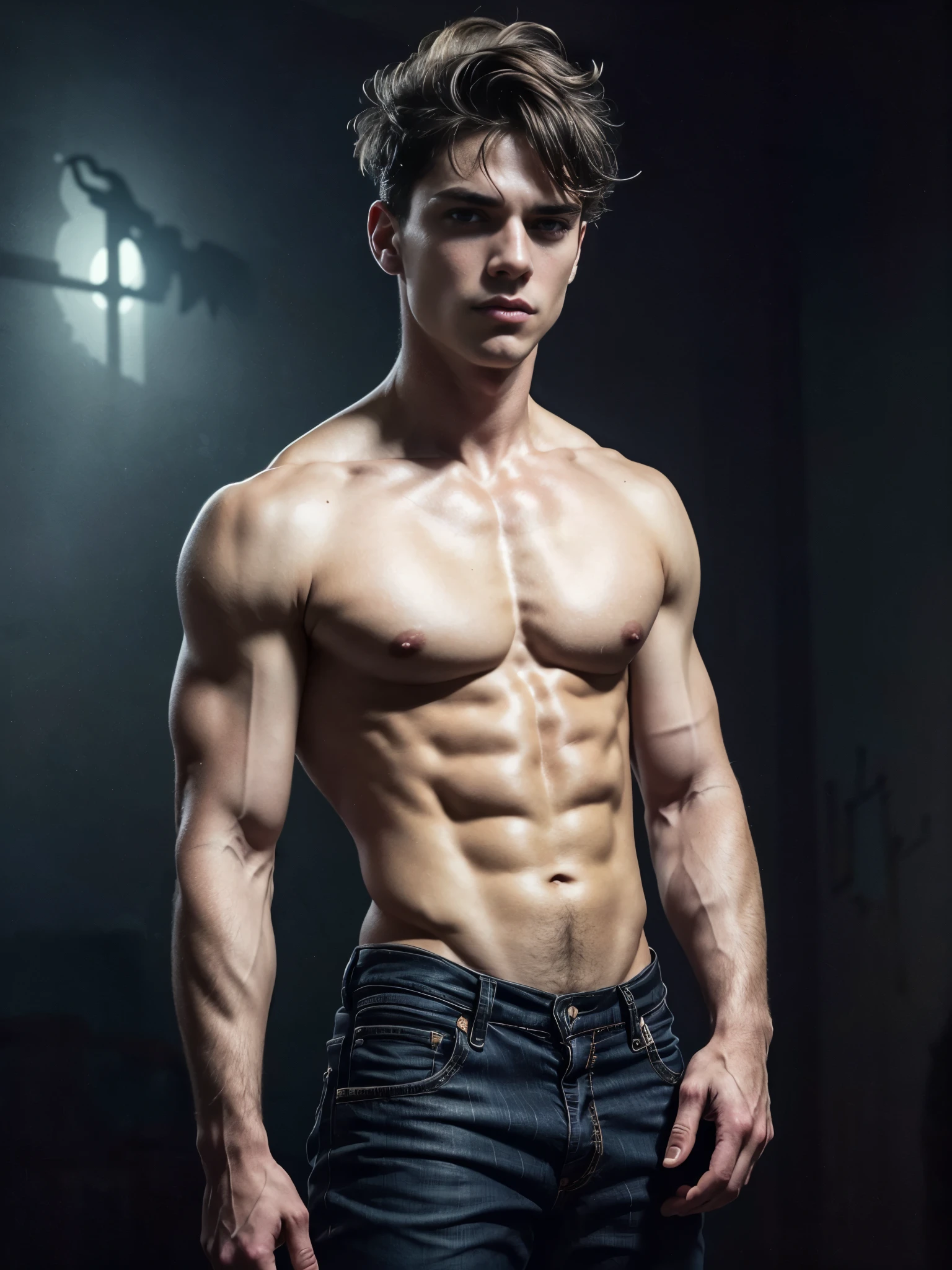 Photorealistic, Danny Phantom, ((best quality)), ((masterpiece)), (detailed),masculine portrait of young danny phantom, 18-year-old male models, handsome, tall, cute looking, evil look, dark look, powerful, young male, handsome model, clean shave, light blue eyes, short hair, messy cut, (short curly messy silver white hair:1.2), messy curly hair, super strong, muscular, fit, massive muscles, six pack, shirtless, barechested, half naked, topless, muscle, ripped, strong body, fit body, great chest, amazing arms, wearing dark jeans, destroyed jeans, tight jeans, skinny jeans, (old haunted manor:1.6), night, dark evil mansion in the background, (Dark background:1.6) 8k, high detailed, ultra-detailed, Stylish Pose, real skin texture, dark cinematic lighting, blue undertone, cold lighting,