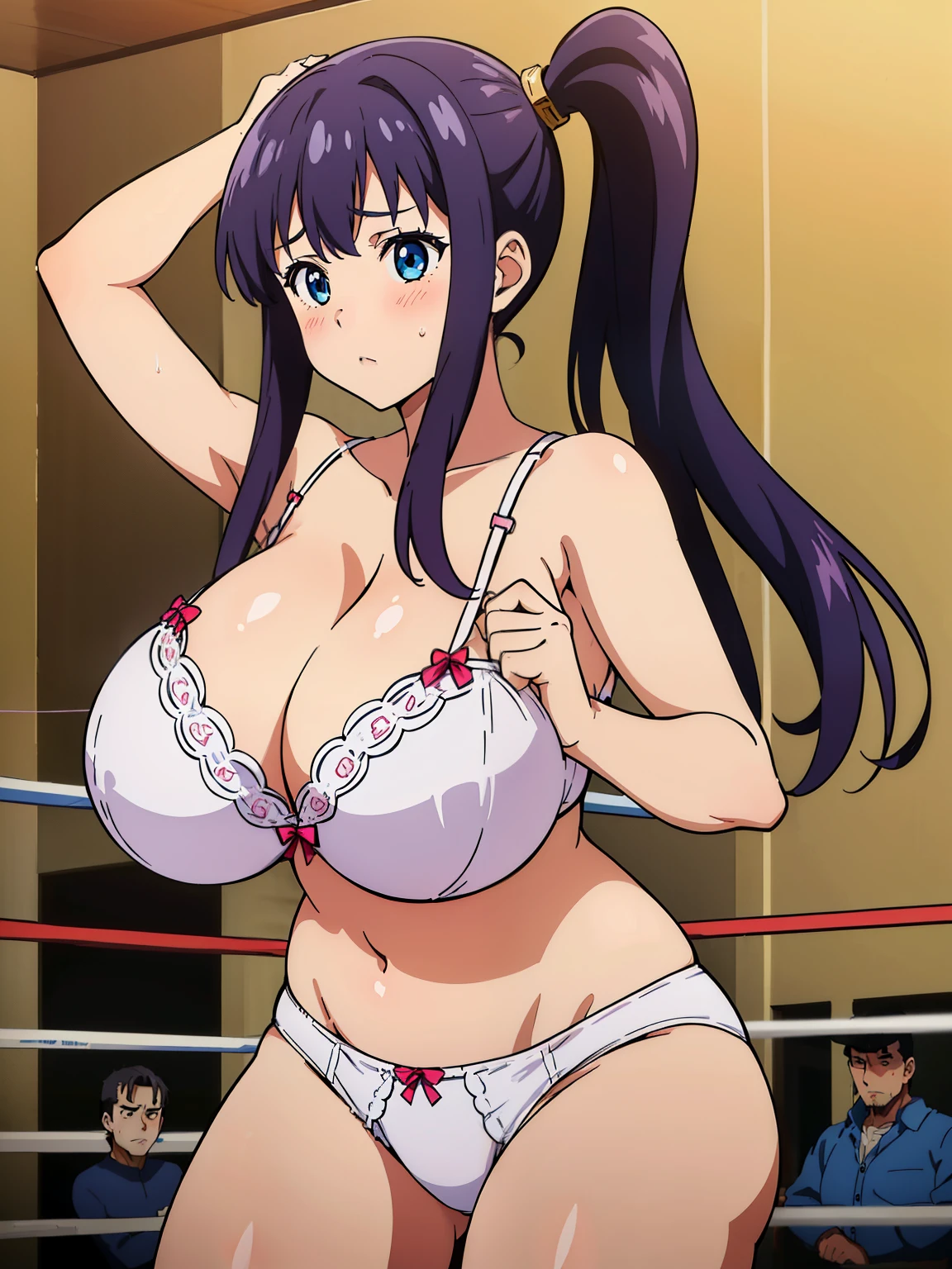 (1girl, 1boy:1.6), Anime cel drawing style, Best Quality, High resolution, (gigantic breasts:1.6), (bra, string white panties:1.4), Blue eyes, Purple hair, Bangs, Side Ponytail, Hair Ornament, blush, embarrassed, reluctant, looking at viewer, (cowboy shot:1.6), (professional wrestling ring), fighting stance, (perfect hands),
