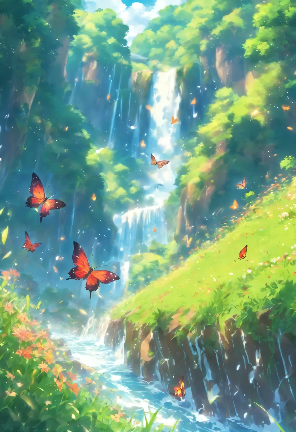 Valley,water flow,Fall,magnificent,Flying down,water splash,Lush vegetation,flowers and grass,Butterfly,natural scenery