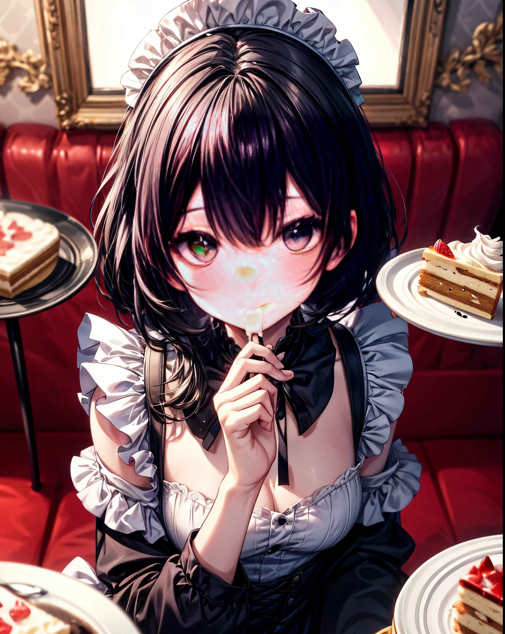 black hair,princess cut,big eyes,long eyelashes,Upper body,icon,seen from above,Maid clothes,inside the room、eating cake、cream on the side of the mouth