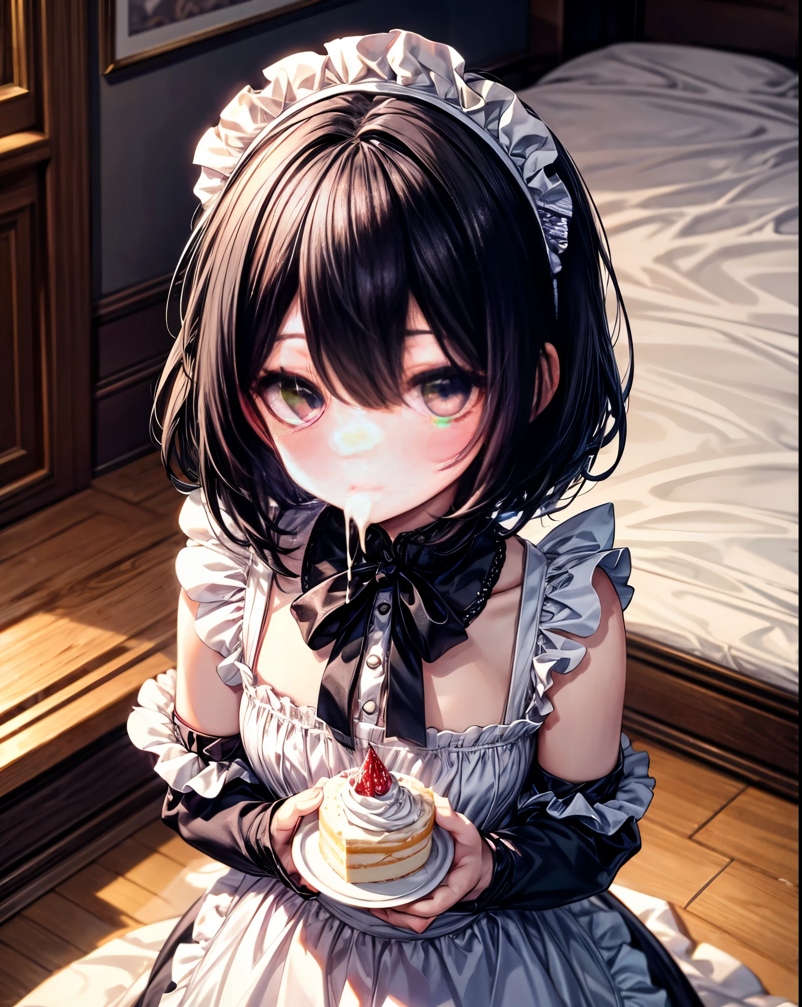black hair,princess cut,big eyes,long eyelashes,Upper body,icon,seen from above,Maid clothes,inside the room、eating cake、cream on the side of the mouth