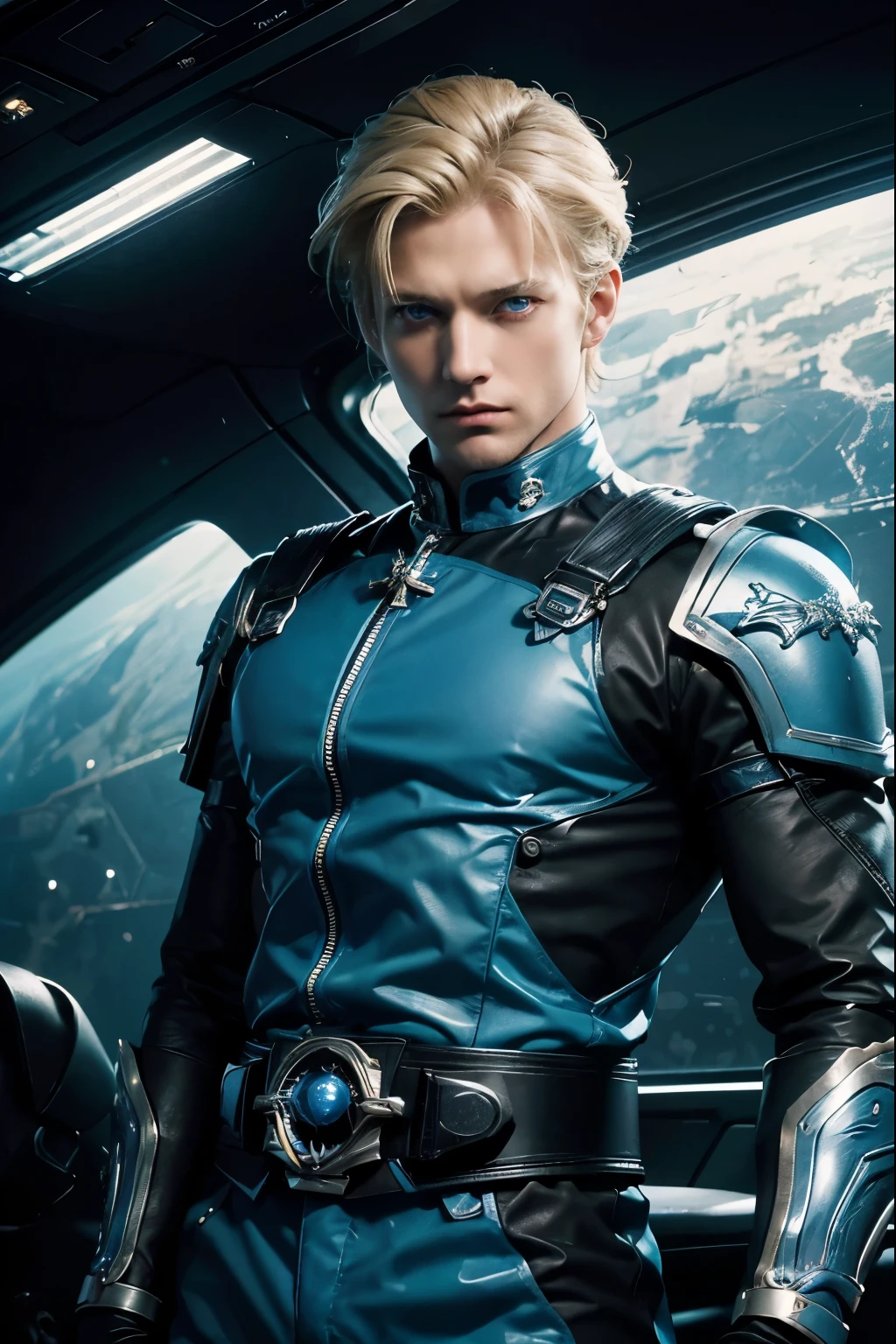 Upper body close-up image. A man with blond hair and blue eyes. Twenties. The man is looking at the camera with a defiant expression. The men wear blue-black metallic combat uniforms. There is something on his waist that is reminiscent of Kamen Rider's transformation belt. A man is in the cockpit of a spaceship.