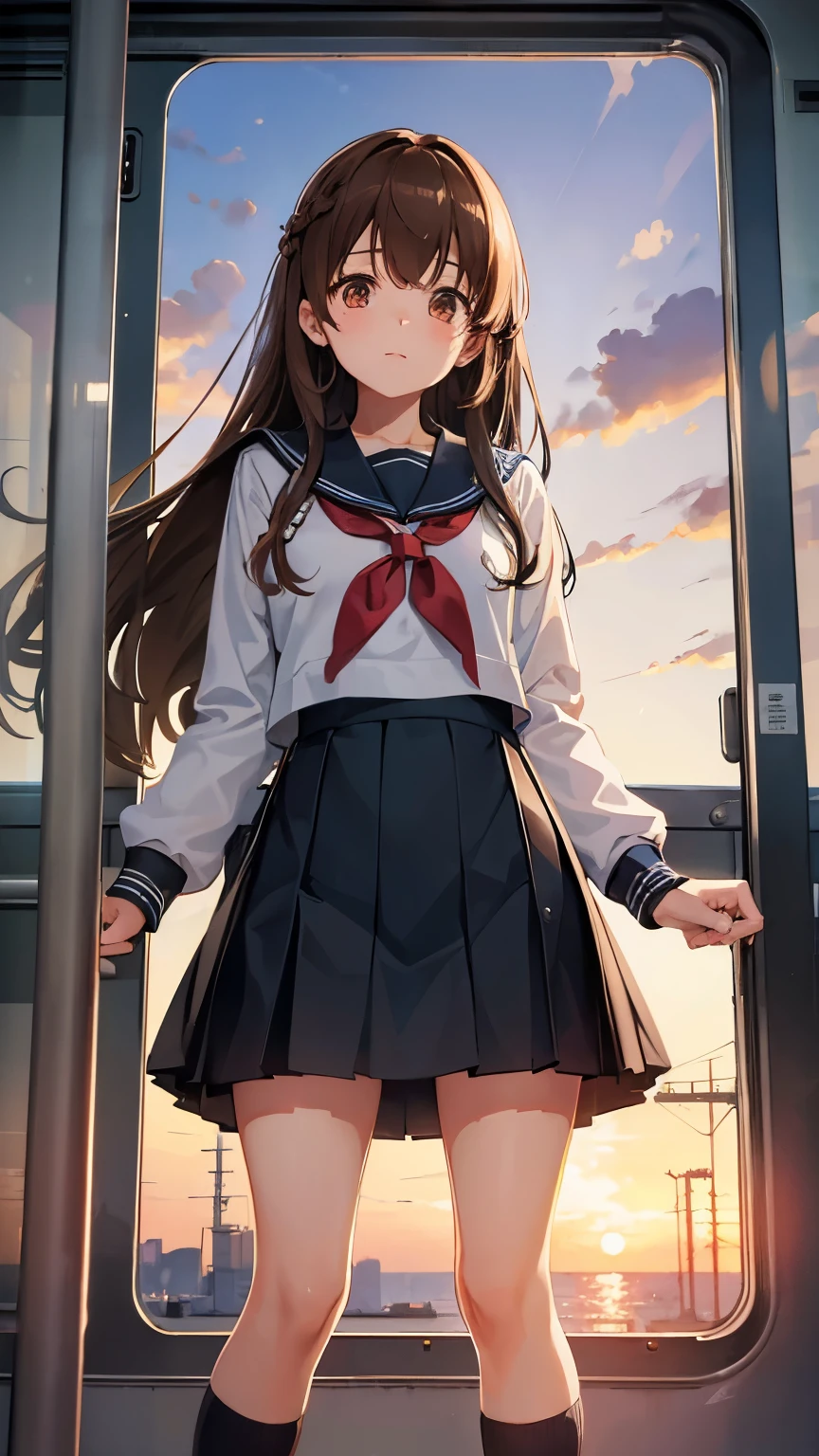 1girl, high school girl, Longhair, brown hair, sailor school uniform, brown eyes, muffler, standing in the train , open her legs, sunset, from below,