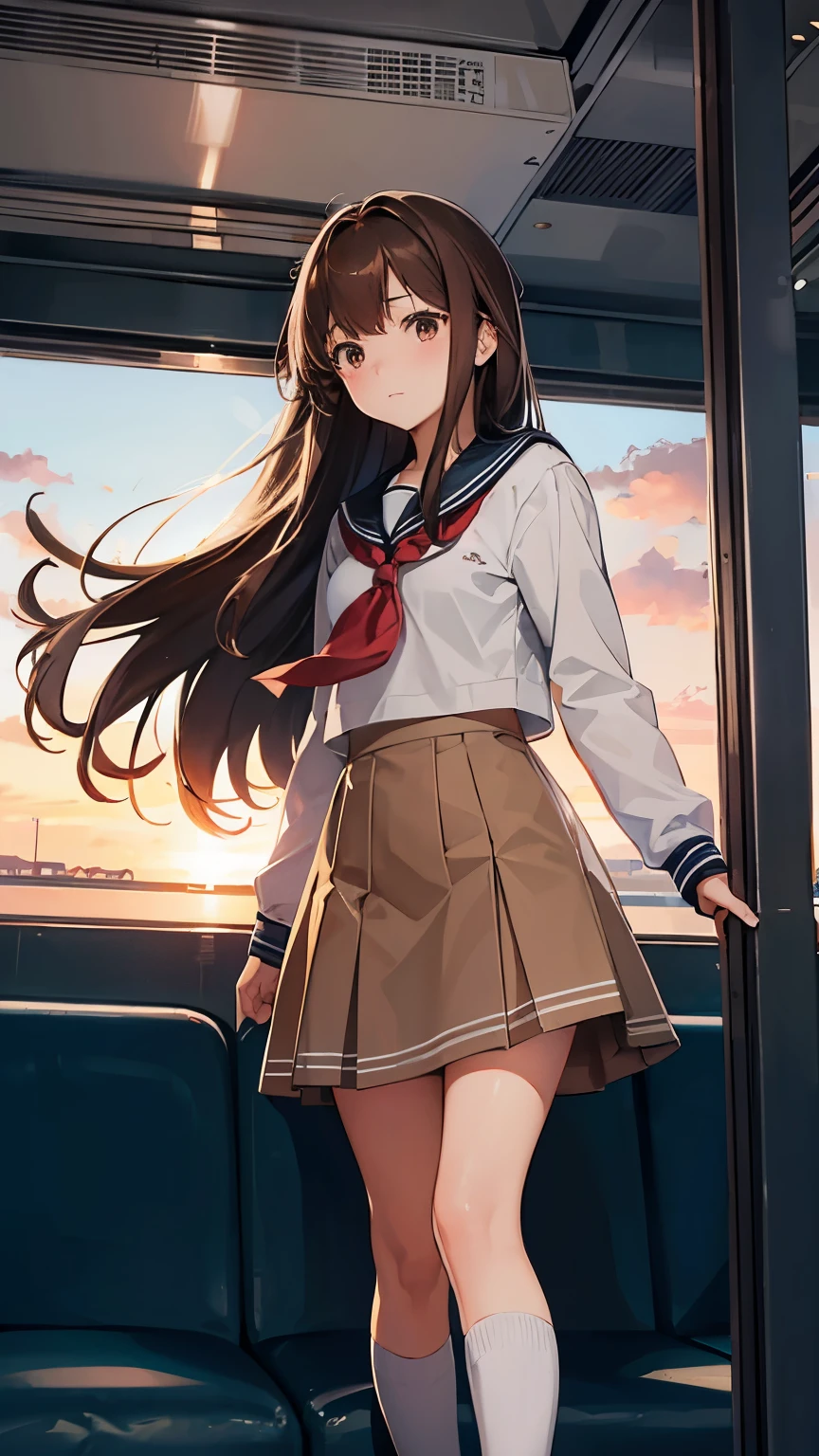 1girl, high school girl, Longhair, brown hair, sailor school uniform, brown eyes, muffler, standing in the train , open her legs, sunset, from below,