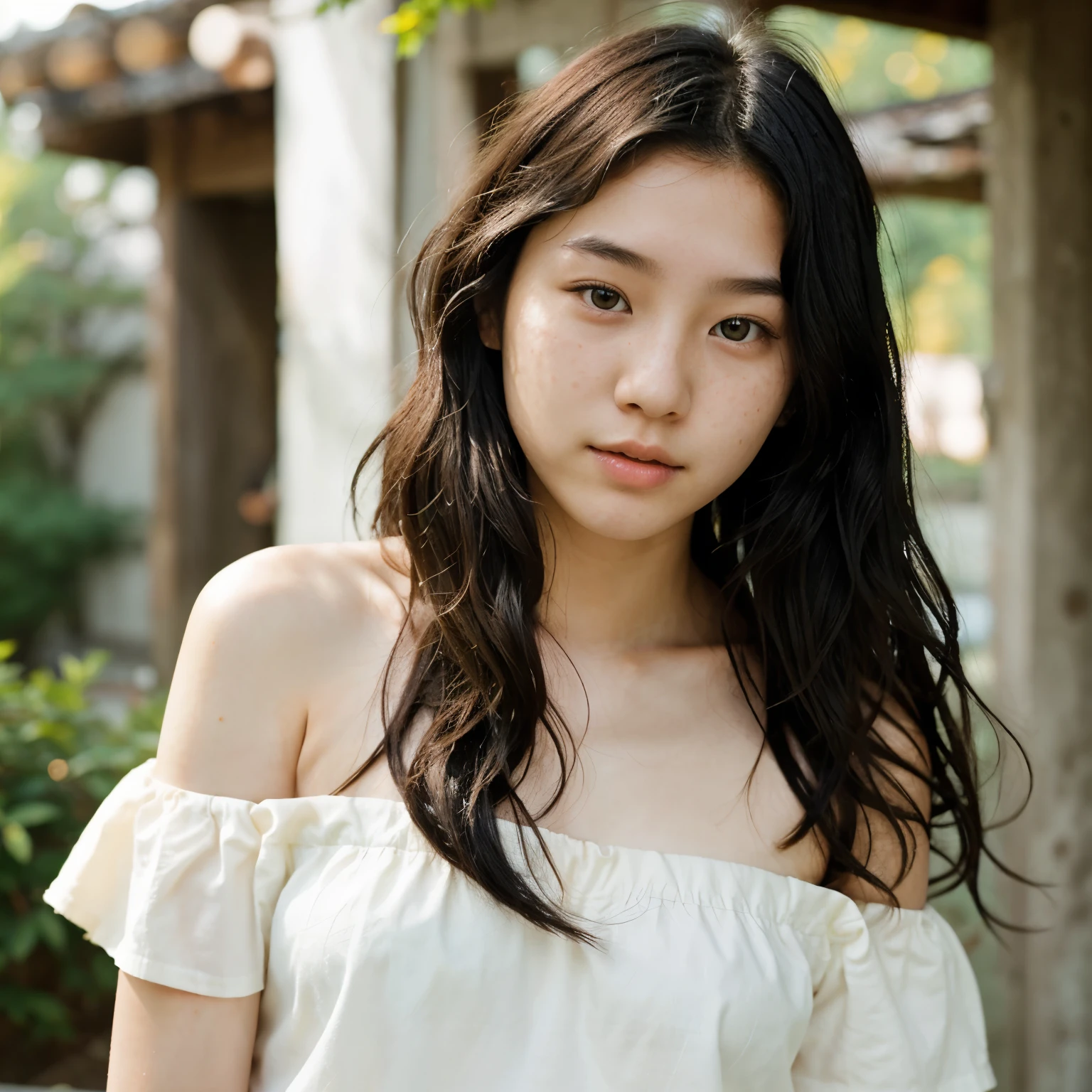 realistic photo of a young beautiful japanese-korean with black wavy out shoulder length hair, pale skin, plump lips, slight freckles,