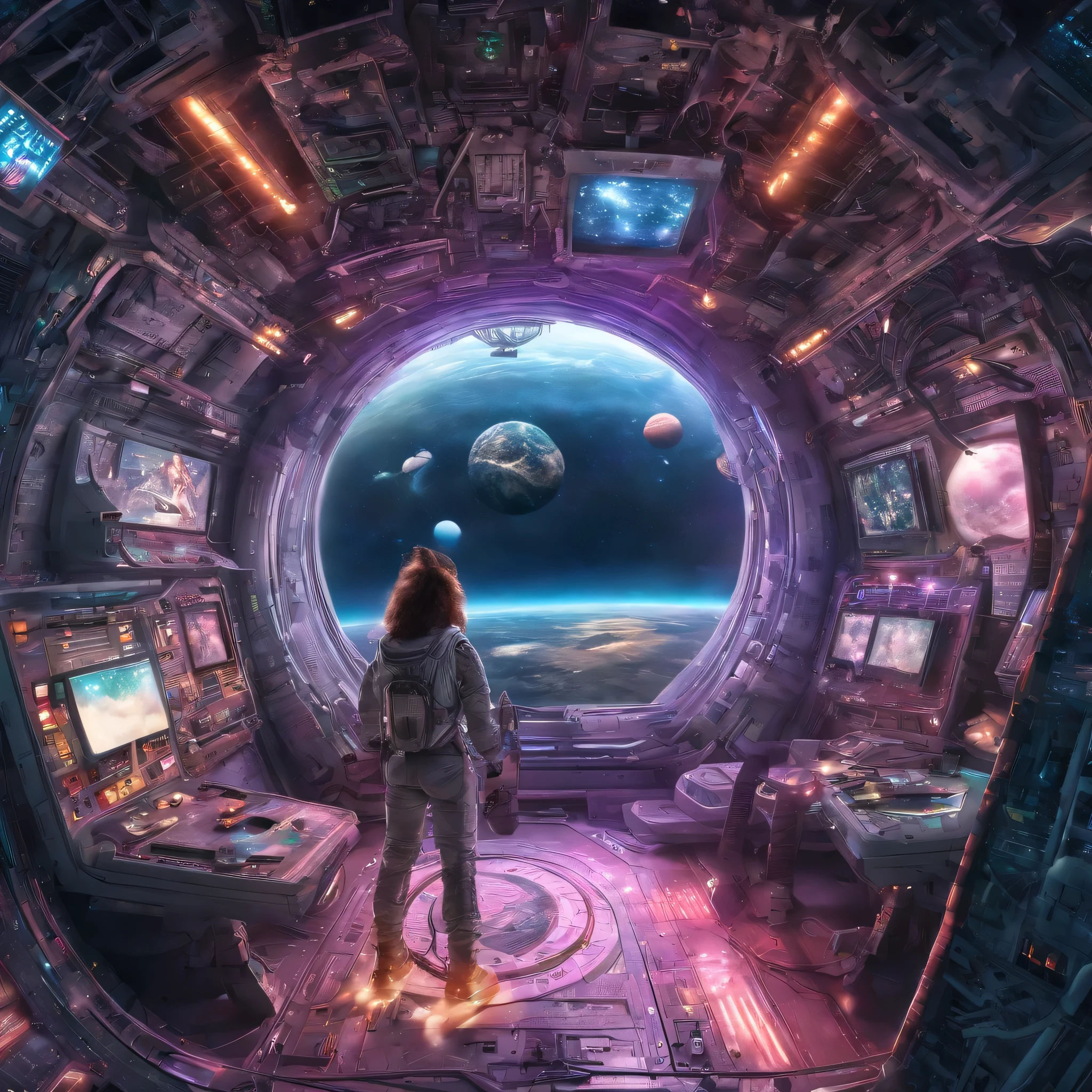 (space art),(high angle view:1.2), in space, big deal , There is space under the spaceship,cyberpunk, light of dreams, shiny neon,Psychedelic, space maze