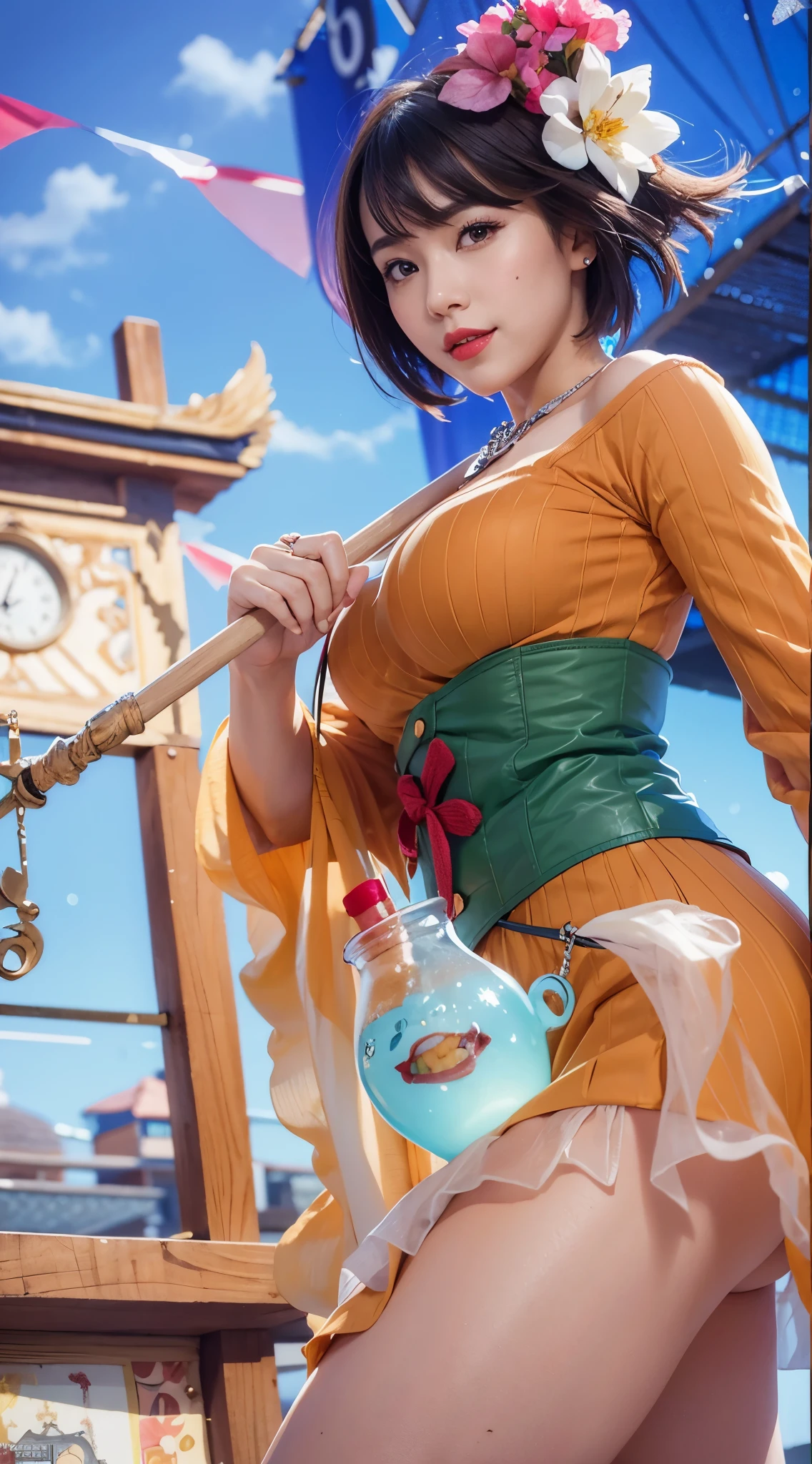 (female:1.2), 8k, ultra hd, ultra detailed texture, hyper realistic, masterpiece, detailed texture, detailed face, detailed skin, detailed lighting, (photorealistic:1.5), best quality, beautiful lighting, cinematic lighting, professional lighting, ultra highres, realistic, detailed hair, real hair, high quality, (realskin:1.5), extremely detailed, finely detail, ultra-detailed, 1girl, solo, v-shaped eyebrow, red lips, parted lips, smile, white skin, nose, pretty, beautiful, cute face, short hair, pink hair, side bangs, large breasts, armpit, navel, stomach, thigh, bare shoulder, depth of field, skin tight, amazing pose, glowing, blurry background, seductive pose, (masterpiece:1.2)