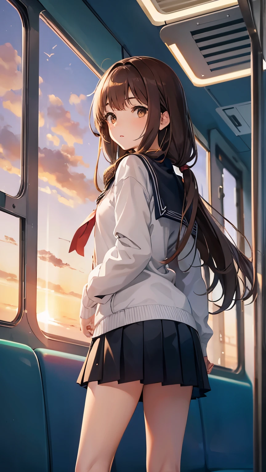 1girl, high school girl, Long hair, brown hair, sailor school uniform, brown eyes, scurf, Looking back in the train , open her legs, sunset, from below,