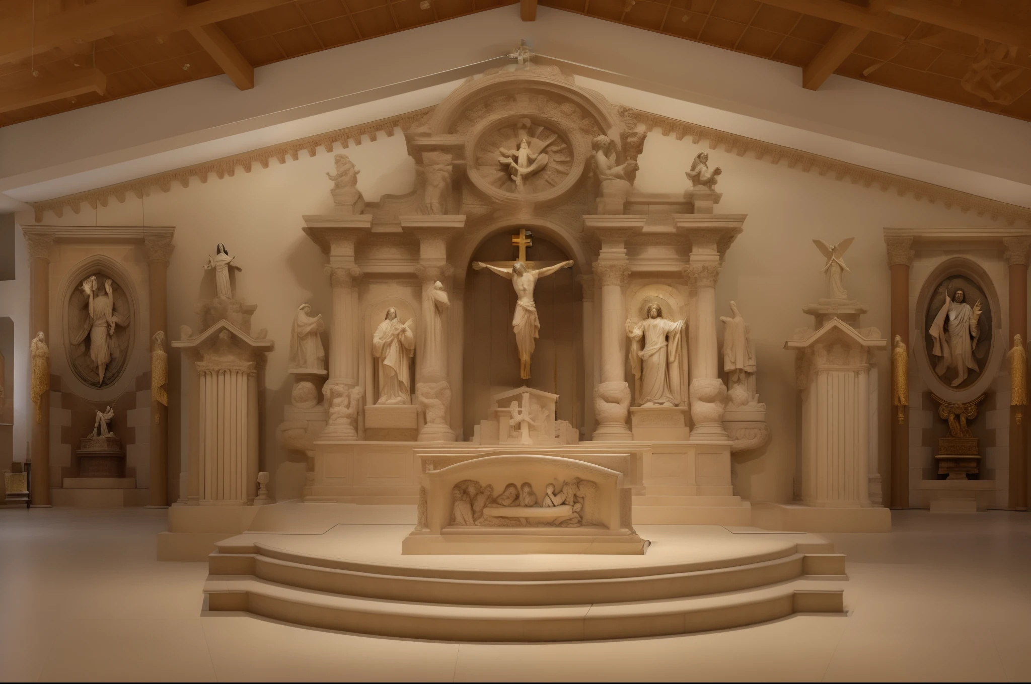 there is a statue of jesus on the altar in a church, altar, holy place, holy themed, church background, in this church interior, inside view, holy, church interior, displayed on an altar, an altar of a temple, catholic religious art, immaculately detailed, beautiful image, full front view, religious iconography, religious sculpture