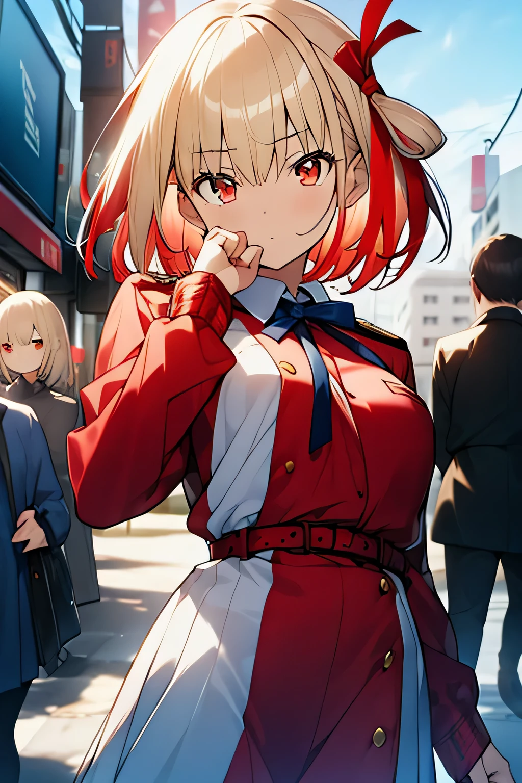 chisatonishikigi, nishikigi chisato, short hair, bangs, blonde hair, (red eyes:1.5), hair ribbon, one side up, bob cut,
break shirt, long sleeve, dress, ribbon, white shirt, collared shirt, belt, neck ribbon, red dress, blue ribbon, pleated dress, grey dress, two-tone dress, red belt, uniform liquor,,
break outdoors, city,
break looking at viewer, break (masterpiece:1.2), highest quality, High resolution, unity 8k wallpaper, (shape:0.8), (fine and beautiful eyes:1.6), highly detailed face, perfect lighting, Very detailed CG, (perfect hands, perfect anatomy),