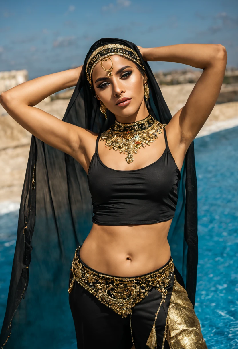 image of a beautiful and stunning 18 year old arab girl, She is wearing a black t-shirt and gold leggings, odalisca sexy, odalisca, olhos expressivos de cor verde brilhante,  with a sexy look and an Arabic silk veil covering her mouth and nose, olhos lindos e sensuais om maquiagem preta, dancing belly dance, ela rebola a cintura com expressividade, ela requebra a cintura  expressivamente, foco no rosto, foco nos olhos, imagem do rosto, in a private setting with black metal walls with a gorgeous pool with crystal clear water, on the horizon you can see the sea, as realistic as possible