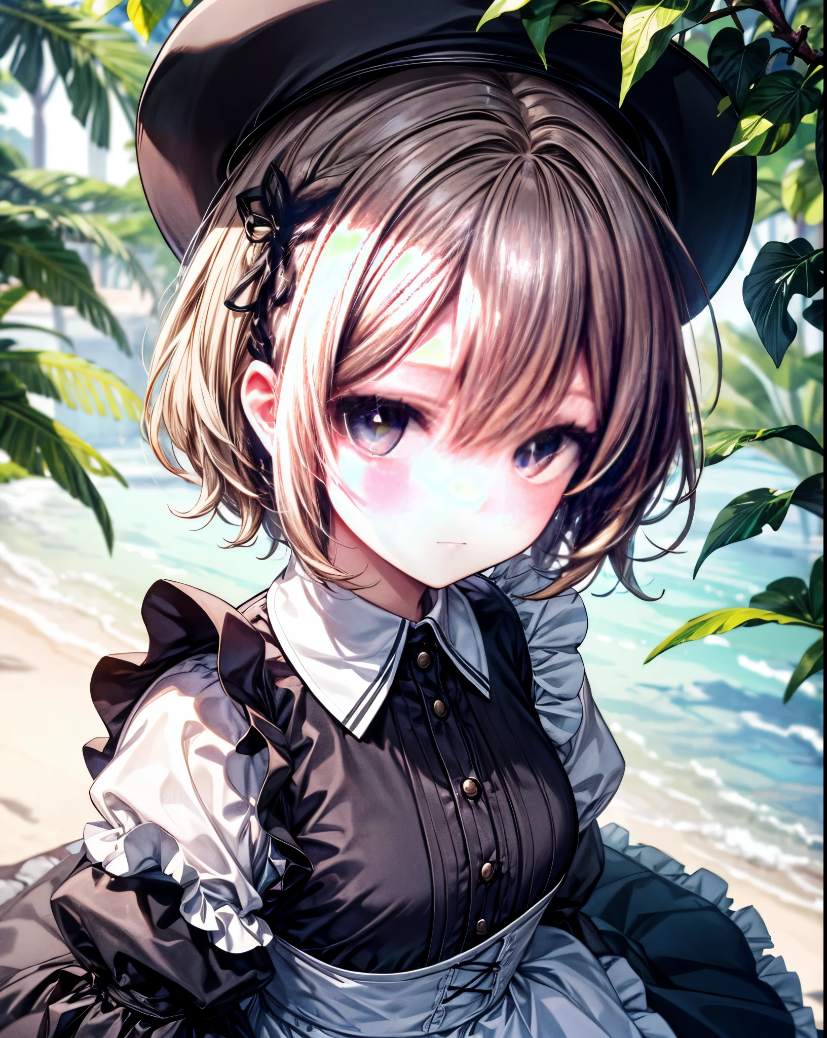 (masterpiece, high quality), 1 girl, shining eyes,(low exposed), Black and white accents, ornament, top view, Under the shade of the trees, (Upper body), black hair,princess cut,big eyes,long eyelashes,Upper body,icon,seen from above,Only the back hair is long,the hair on the front is short,wolf cut,princess cut,light brown hair,Maid clothes