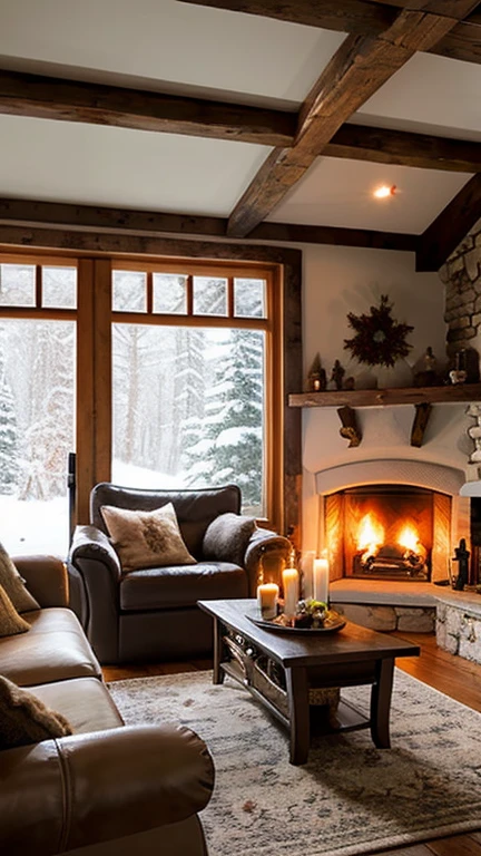 cozy cottage in the snow country fireplace candles comfy sofa