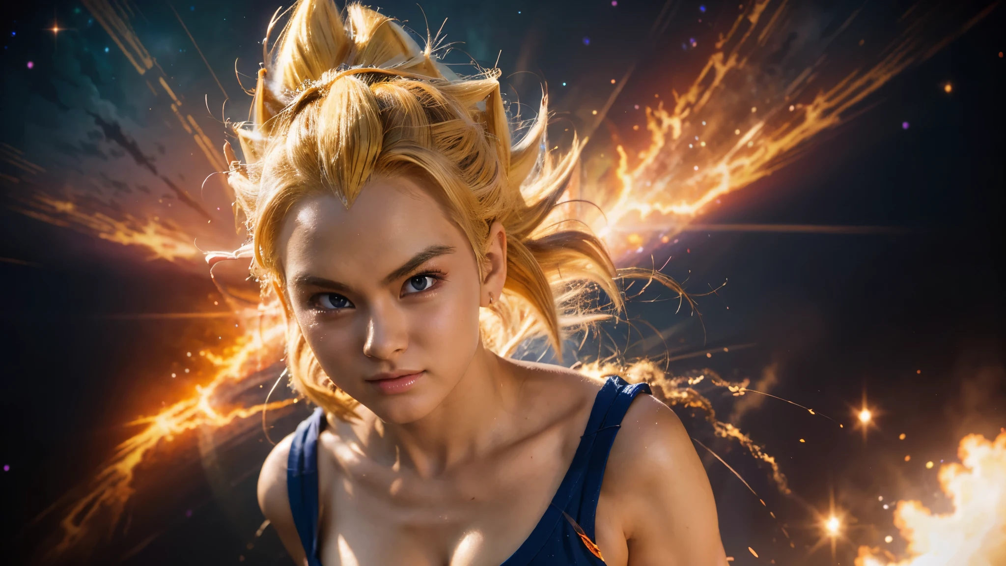 anime, beautiful girl, dragonball style, super saiyan, perfect face, beautiful face, high details, galaxy background, energy, electricity, energy aura around girl, Vegeta, sexy
