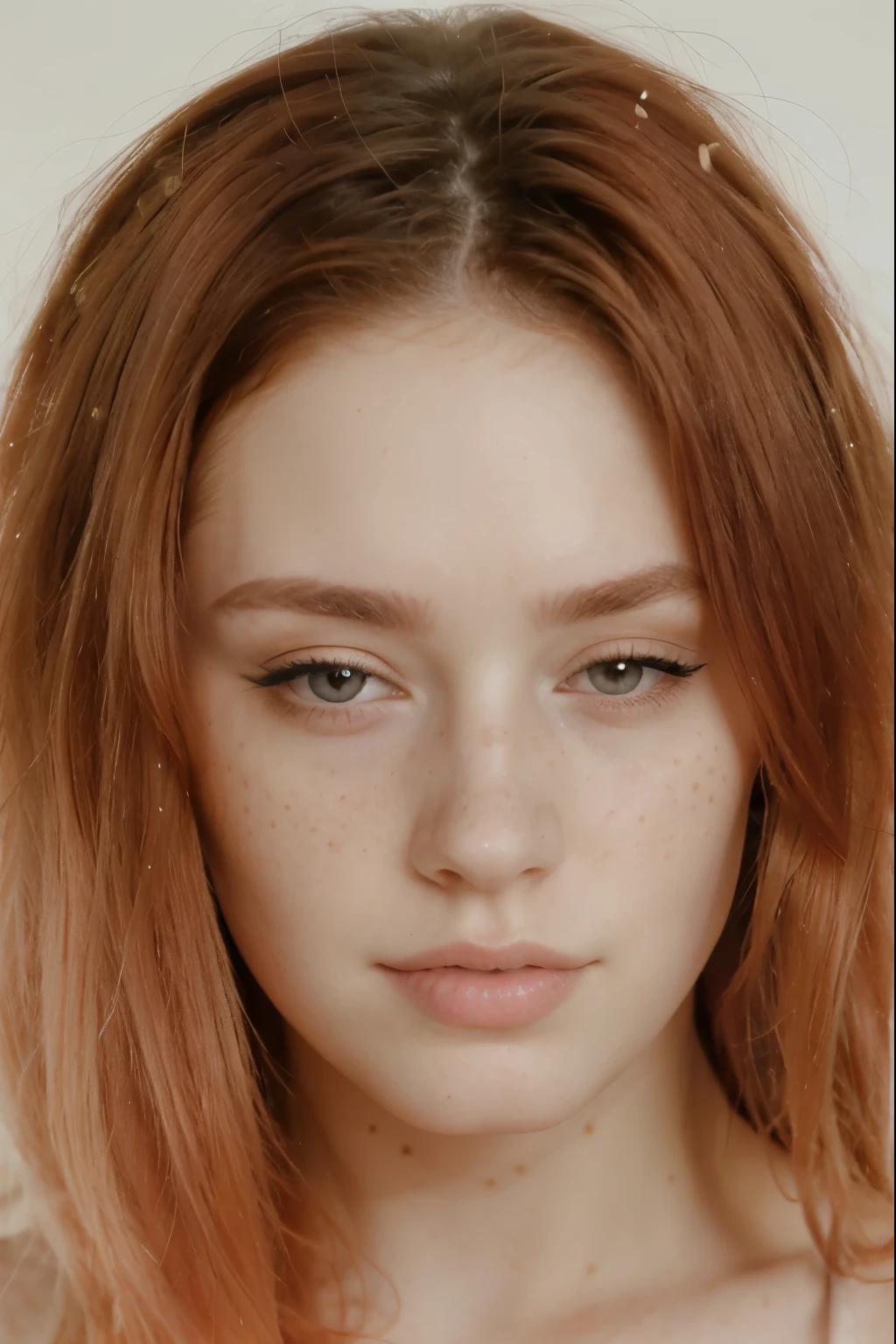 Buetifull girl with pale skin and medium length sized hair, close up of face, androgynous face, nose piercing, small nose with freckles, freckles on the nose, pointy nose, small freckles, small lips pointy nose, perfect detailed face, facial piercings, cute freckles, piercing stare, thin button nose, big eyes, wide lips, adult, adult, red hair, adult, adult, 20 years old, adult, older, 20, adult, adult woman, mature face, mature face,