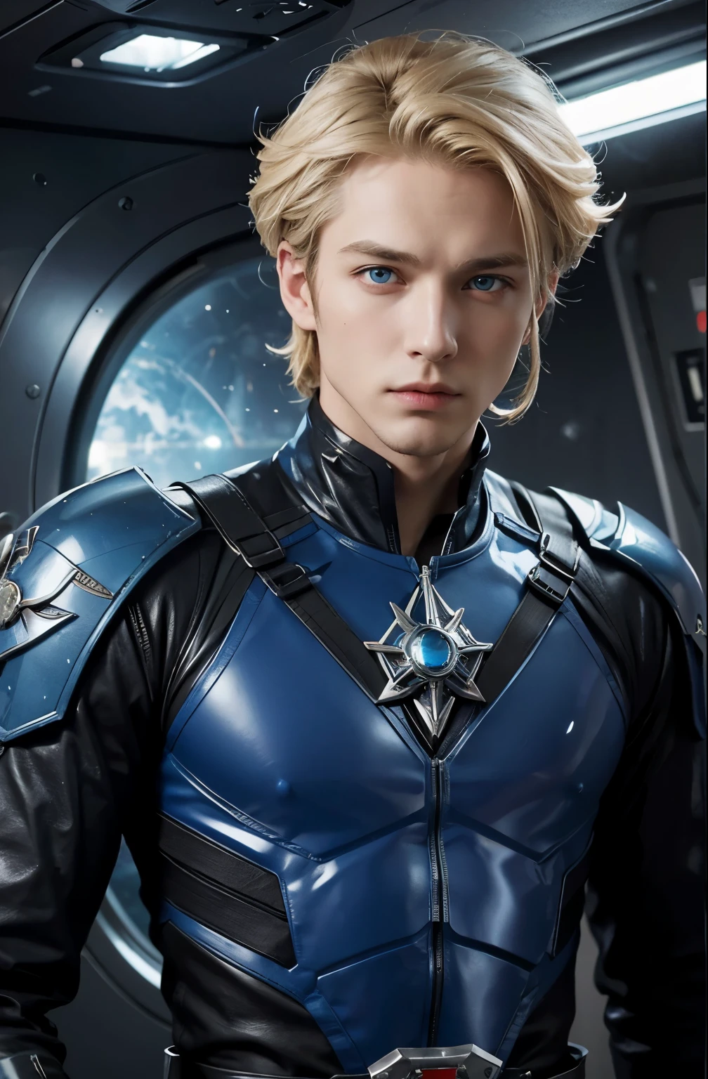 A beautiful man. Blonde hair and blue eyes. Twenties. The man is looking at the camera with a defiant expression. The men wear blue-black metallic combat uniforms. There is something on his waist that is reminiscent of Kamen Rider's transformation belt. A man is in the cockpit of a spaceship, and from the window of the spaceship he can see the Earth floating in space.
