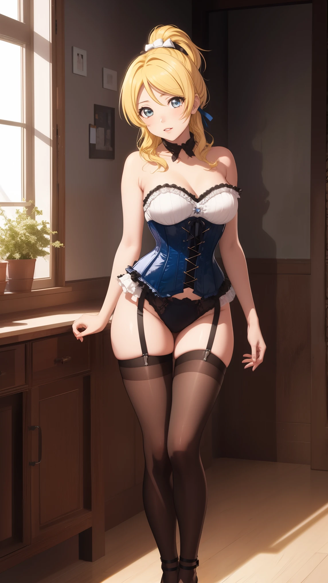 masterpiece, best quality, highly detailed, ultra high res, eliayase, eli ayase, yellow hair, blue eyes, ponytail, hair ribbon, 1girl, solo, glossy lips, standing, indoors, strapless corset, thigh highs, high heels