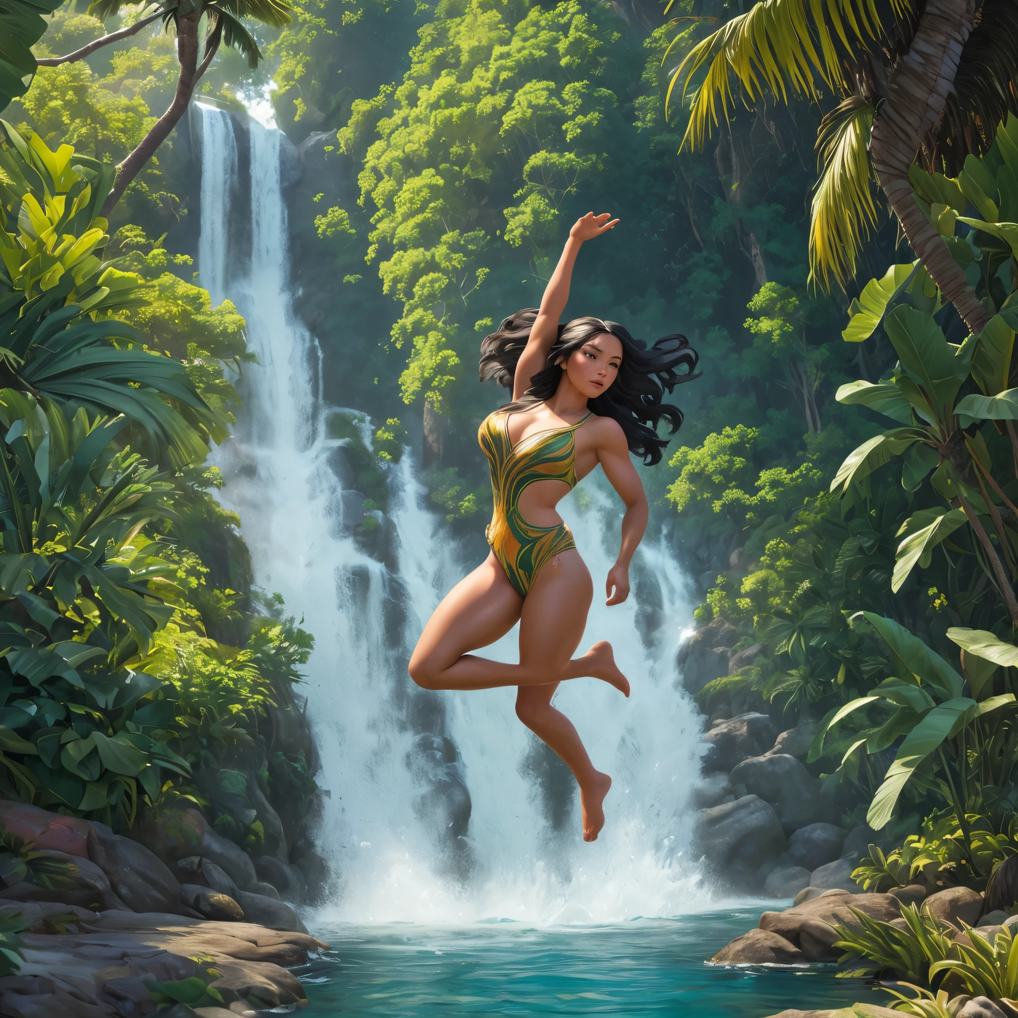 (best quality,4k,8k,highres,masterpiece:1.2),ultra-detailed,realistic:1.37,A brave Samoan woman (age 20) with a gorgeous, athletic, and lovely face, is wearing a bright swimsuit. She stands at the top of a towering waterfall, ready to dive into the crystal-clear pool below. The height of the waterfall is dizzying, with misty water cascading down, creating a sense of excitement and adventure. The woman's expression is confident and determined, showcasing her bravery as she prepares to take the leap. The medium used to depict this artwork is an oil painting, giving it a rich and textured feel. The brushstrokes capture the beauty of the natural surroundings and the woman's physicality. The sunlight pierces through the treetops, casting dappled shadows on the rocks and water, adding depth and realism to the scene. The additional details of the painting include vibrant tropical vegetation, such as lush green palm trees and colorful flowers, which add to the exotic setting. The woman's dark, voluminous hair flows behind her as she leaps into the air, enhancing the sense of movement and freedom. The image quality is of the highest standard, with meticulous attention to detail. The painting showcases ultra-fine details, from the delicate water droplets in the air to the fine lines of the woman's muscles. The realistic rendering of the scene brings it to life, making it almost indistinguishable from a photograph. In terms of artistic style, this artwork falls under realistic portraiture and natural landscape genres. The colors are vibrant and vivid, capturing the beauty of the Samoan landscape and the woman's strength and vitality. The overall color tone leans towards warm earthy tones to reflect the tropical setting and the golden sunlight. The lighting in the painting is dramatic, with sunlight casting long shadows and illuminating specific elements to create a sense of depth. The interplay of light and shadow enhances the realism and three-dimensionality of the scene. Thi