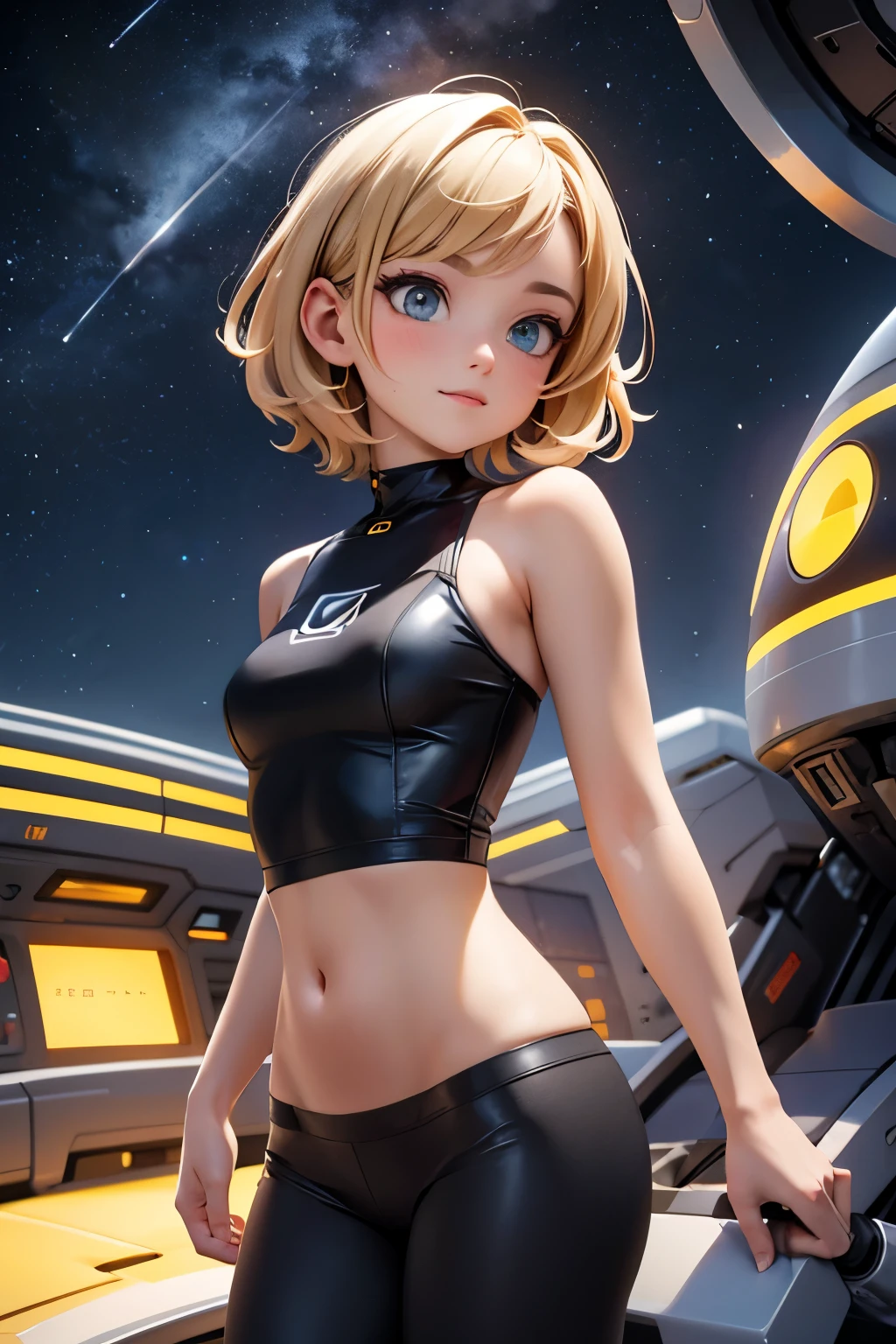 1 woman，5 years，，small ，small lower breasts， solo，（Background with：spaceship，Artificial satellite，） She has blonde hair，Встаньте на spaceship，visible from the front， straight hair， Mostly cloudy skies，（（（the masterpiece），（Highly detailed CG Unity 8K wallpaper），Best quality，cinematic lighting，detailed background，beautiful detailed eyes，bright students，Blue eyes，（very good and beautiful），（Beautiful and detailed description of the eyes），ultra - detailed，the masterpiece，）），Facing the camera，A high resolution，ultra - detailed），breast-baring，Bare genitals， convex，Legs open，raised sexy，Camel toes，Flushed complexion，smile，Desire for dissatisfaction，facade，elementary school student，astronaut，（Tedious：Spacesuit）