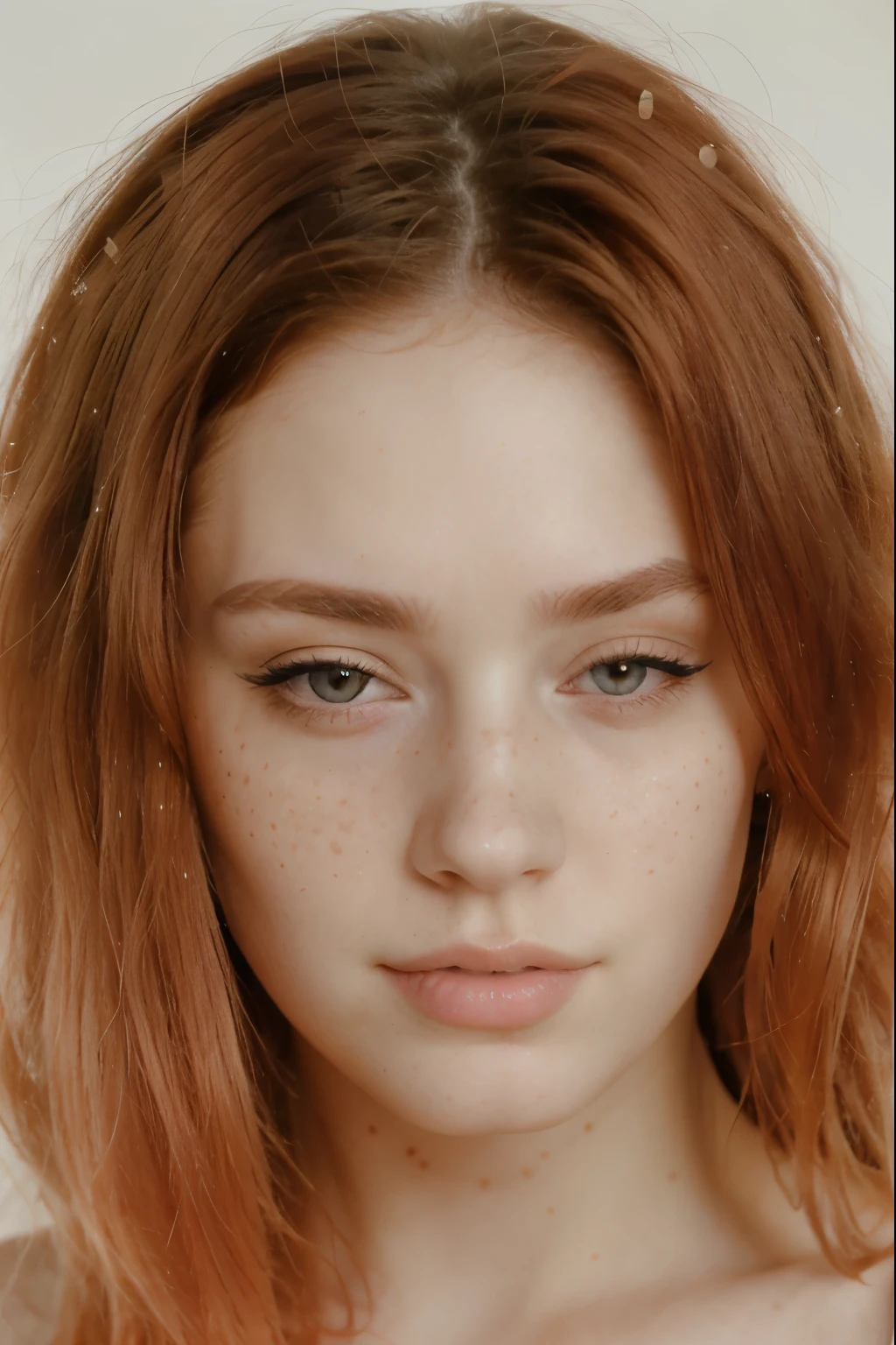 Buetifull girl with pale skin and medium length sized hair, close up of face, androgynous face, nose piercing, small nose with freckles, freckles on the nose, pointy nose, small freckles, small lips pointy nose, perfect detailed face, facial piercings, cute freckles, piercing stare, thin button nose, big eyes, wide lips, adult, adult, red hair, adult, adult, 20 years old, adult, older, 20, adult, adult woman, mature face, mature face, 