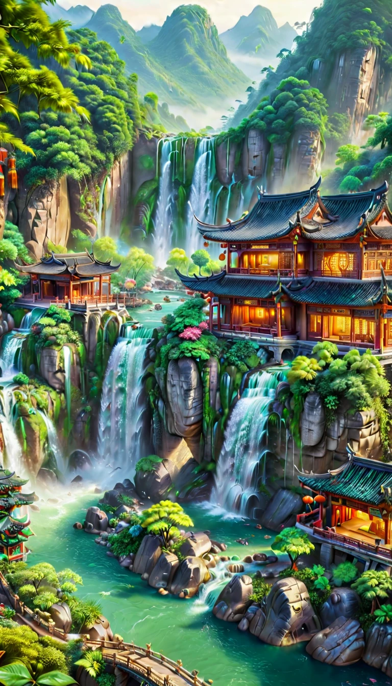 ((Aerial View))，A breathtaking scene of China's famously beautiful waterfall, showcasing its majestic flow amidst a lush, vibrant landscape. The waterfall cascades over steep cliffs, surrounded by dense forests and mist rising from the impact zone. Traditional Chinese architecture, such as pavilions or bridges, subtly integrates into the scene, enhancing the cultural and natural harmony. The image captures the essence of tranquility and the awe-inspiring power of nature, with crystal-clear water sparkling under the sunlight, creating a serene and picturesque setting that epitomizes the ultimate beauty of Chinese landscapes.